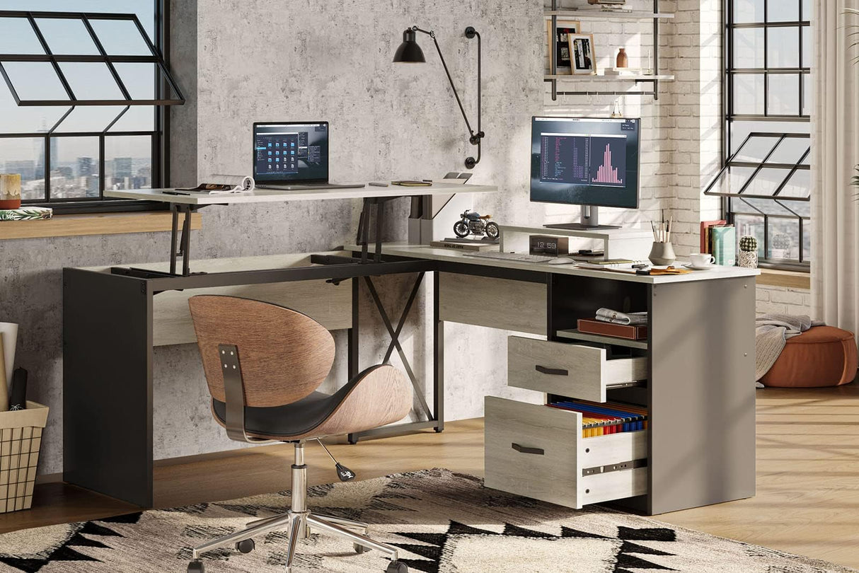 Bestier Lift Top L Shaped Desk with File Drawer, 55'' x 55'' Office Desk with Reversible Storage Drawers, L Shaped Standing Desk with Computer Bestier