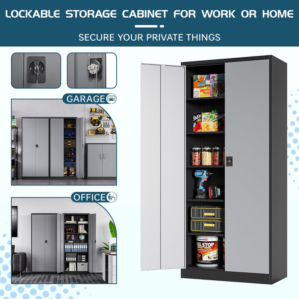 MIIIKO Metal Storage Cabinet with Locking Doors, Black Garage Lockable Steel Cabinets with 4 Doors and 5 Shelves for Home, Garage, Pantry Workshop MIIIKO