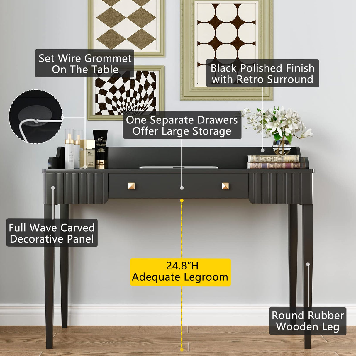 ukorua Black Vanity Desk Wooden Desk with Drawer Modern Desk Computer Desk White Makeup Table with Gold Handle ukorua