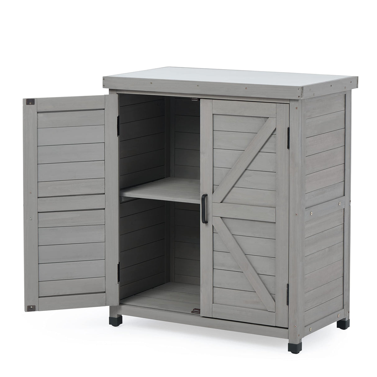 Outdoor Storage Cabinet & Potting Bench Table with Metal Top, Wooden Patio Furniture, Garden Workstation SoliWood