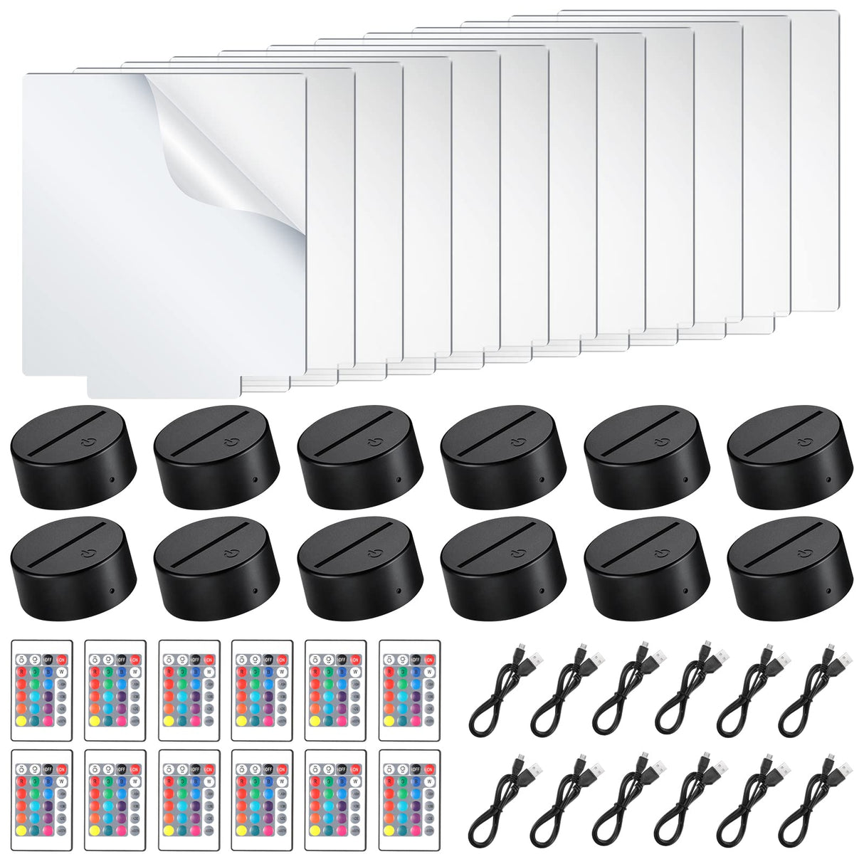 12 Pieces Clear Acrylic Sheets and 12 Pieces 3D Night LED Light Lamp Base with Remote Control and USB Cable, DIY Acrylic Lamp Base Set for Restaurant Riakrum