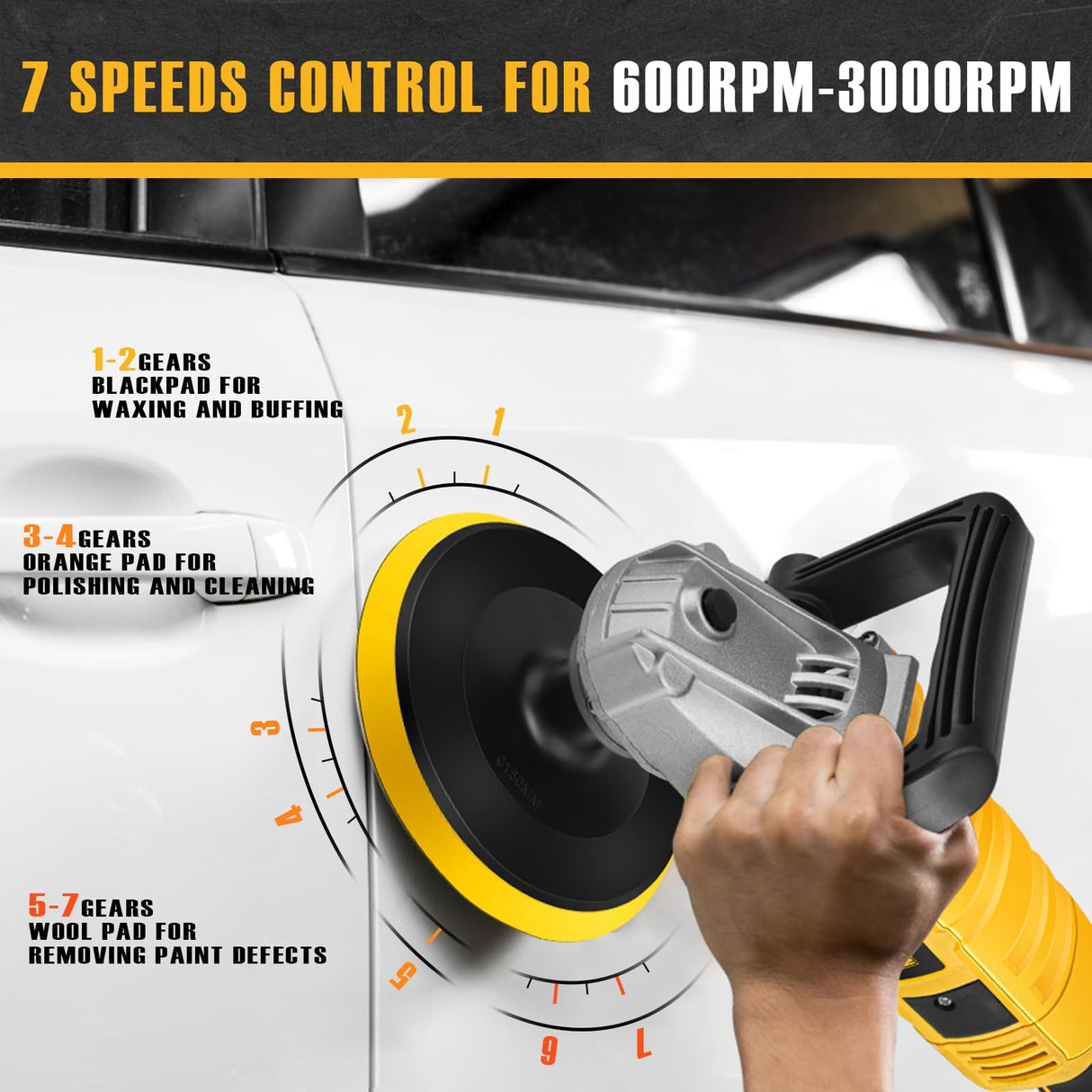 Alloyman Buffer Polisher, 1200W 7 Inch/6 Inch Car Polisher Set, 7 Variable Speed 600-3000 RPM, Car Polishers and Buffers with Detachable Handle for Alloyman