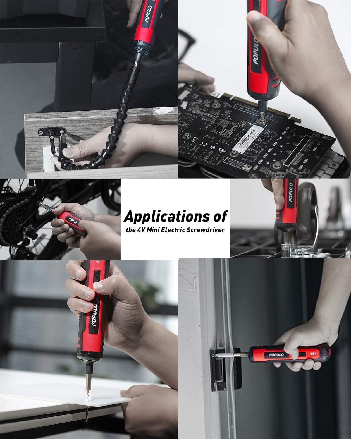 POPULO 4V Electric Screwdriver Kit,6 Torque Settings, Power Screwdriver Cordless Rechargeable with LED Work Light, 32 pieces Screwdriver Bits, 8 populo