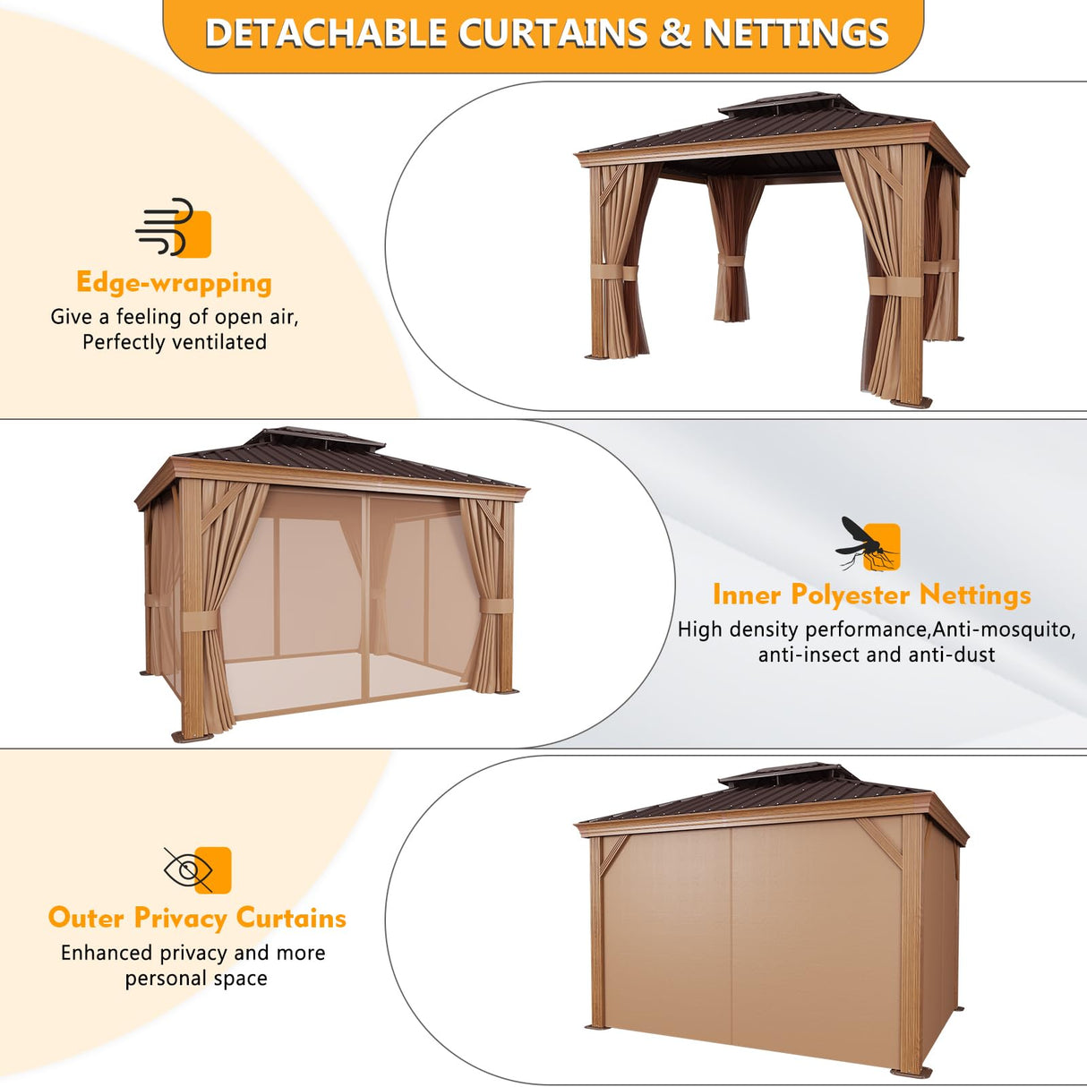 Jolydale 10' x 12' Gazebo, Permanent Wooden Finish Coated Aluminum Frame Canopy, Galvanized Steel Double Top, Outdoor Metal Pavilion with Privacy Jolydale