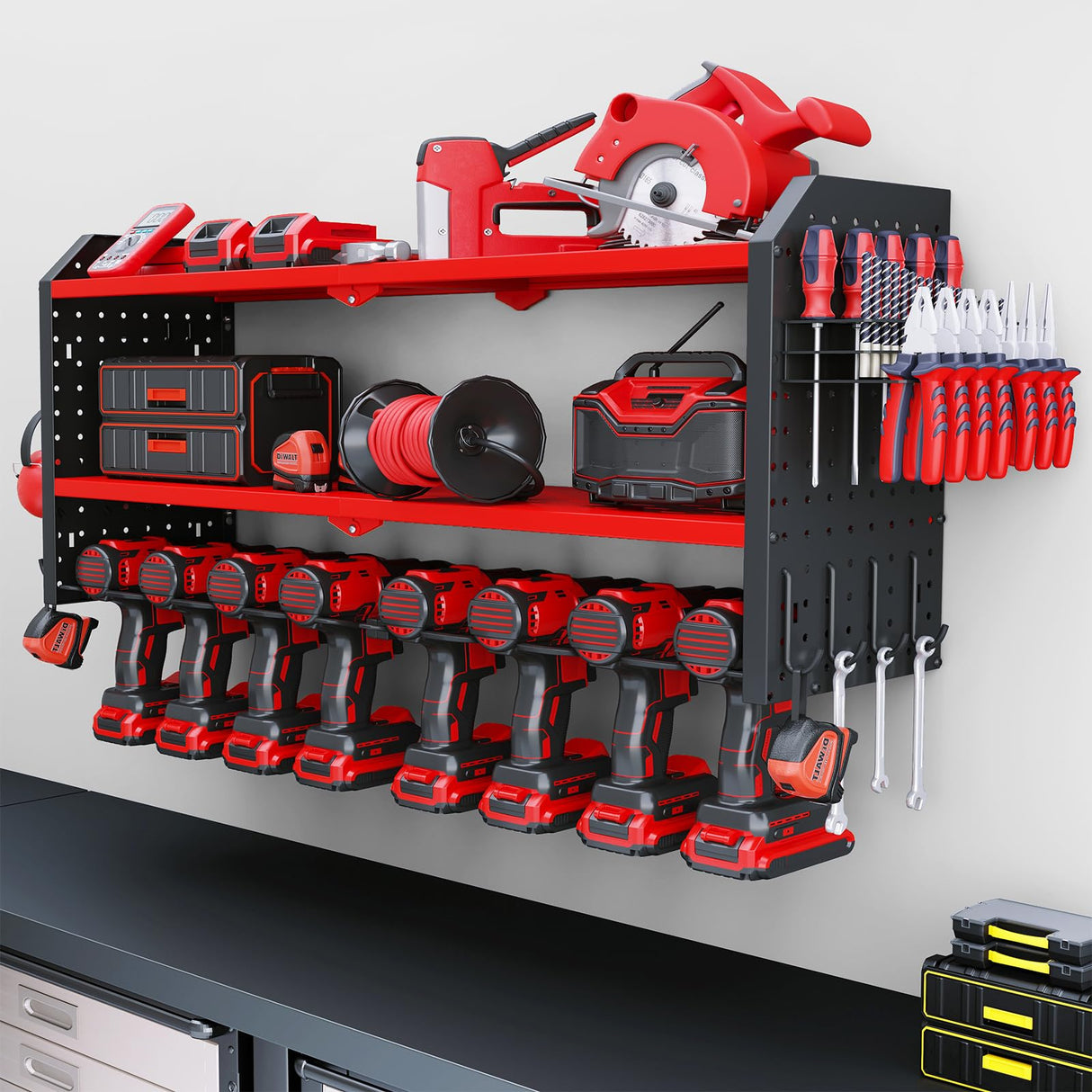 KAFAHOM Power Tool Organizer, Large 8 Drill Holder Wall Mount with 2 Side Pegboards, Heavy Duty Metal Tool Shelf with 12 Hooks, Storage Rack for KAFAHOM