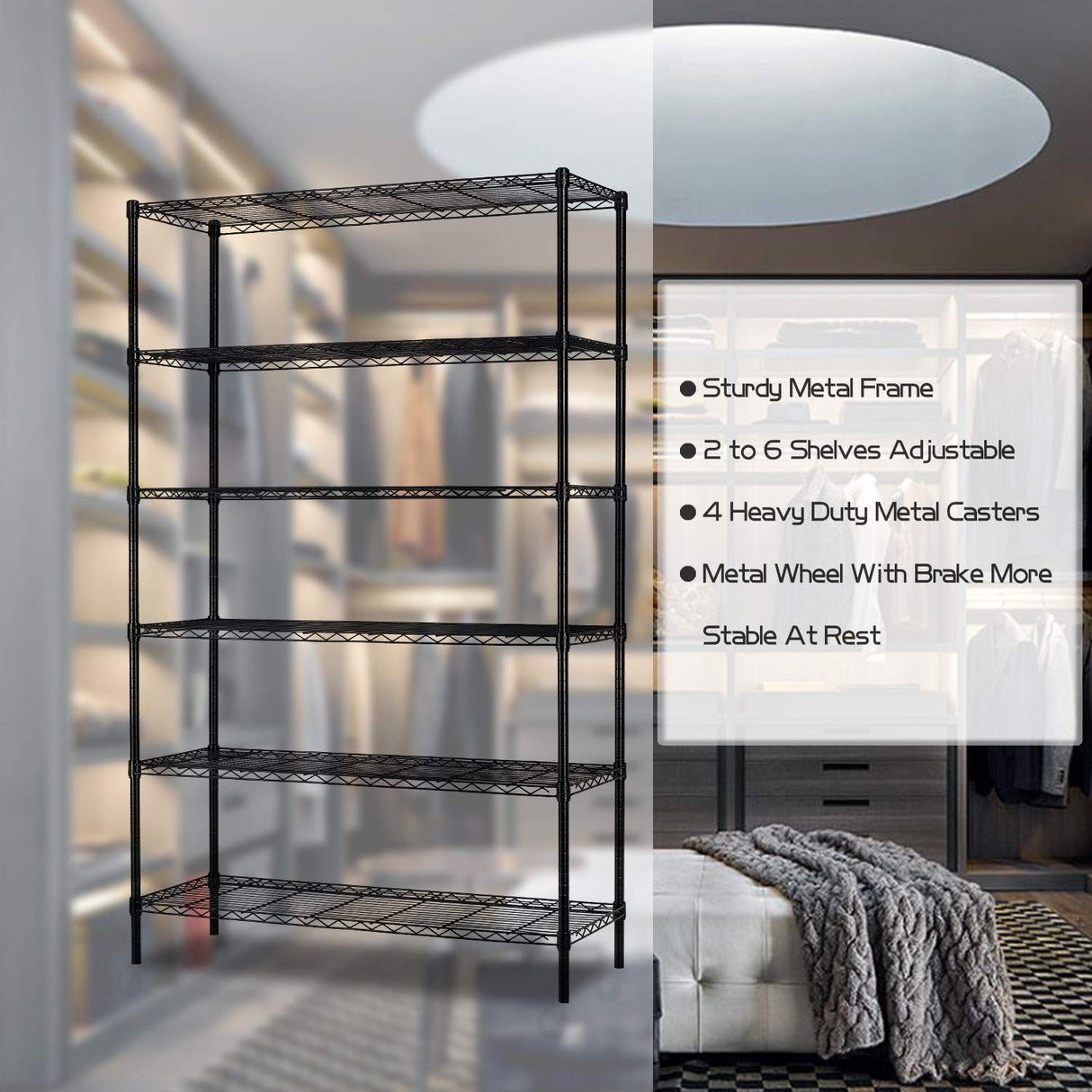 HCB 6-Tier Storage Shelf Heavy Duty Wire Shelving Unit 82"x48"x18" Height Adjustable Metal Steel Wire with Casters for Restaurant Garage Pantry HCB