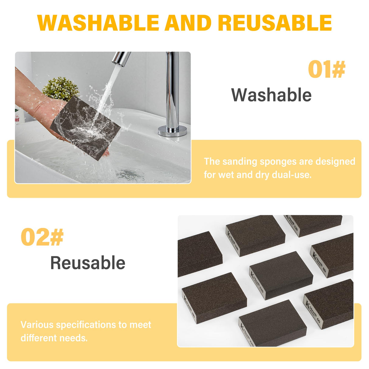 8 Pcs Sanding Block, Washable and Reusable Sanding Sponge for Drywall Wood Metal, Sandpaper Blocks in 60 80 120 220 Grit Coarse/Medium/Fine, Sand Pennik