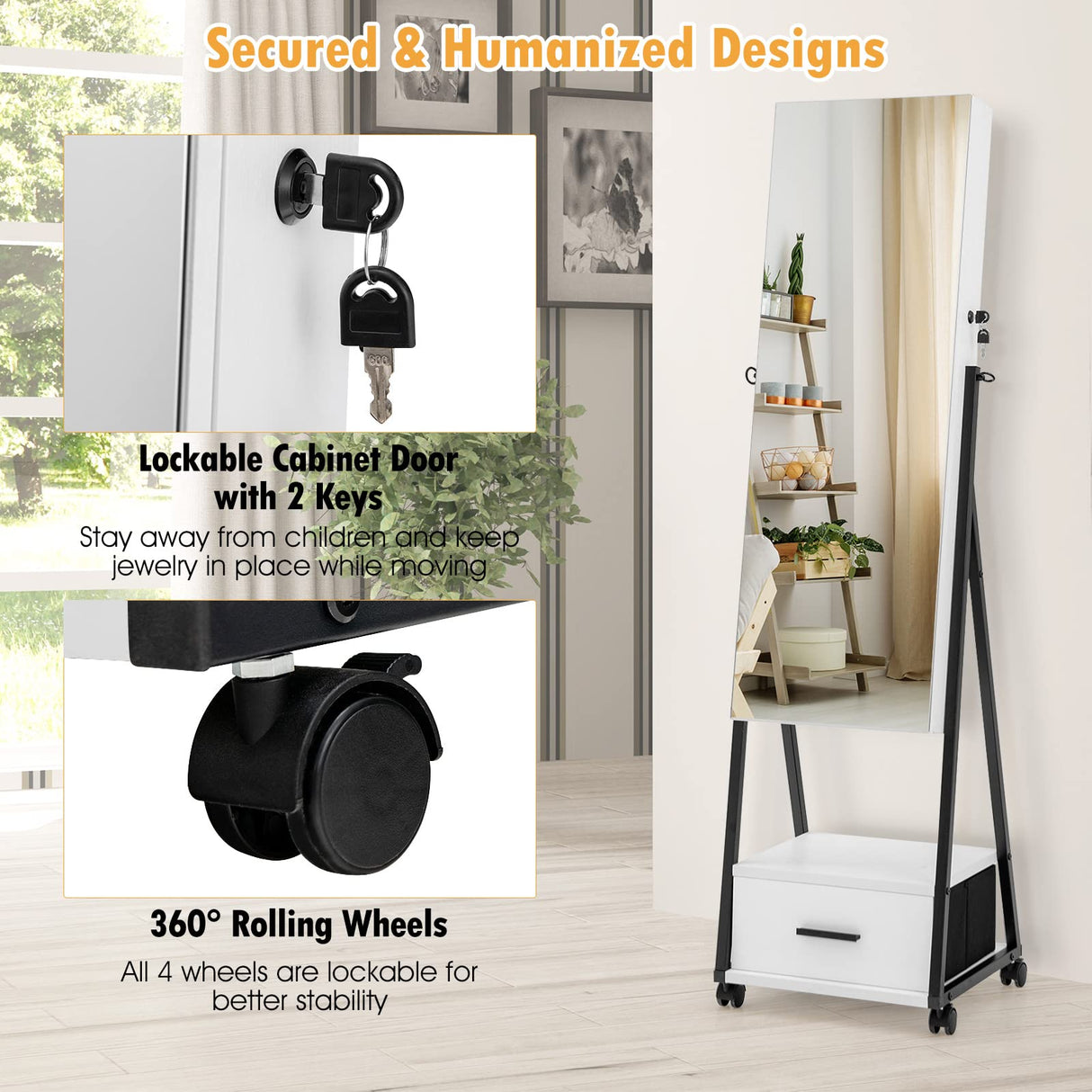 CHARMAID Rolling Jewelry Cabinet with Full Length Mirror, Lockable Standing Jewelry Armoire with Wheels, Steel Legs, Lipstick Brush Storage, Jewelry CHARMAID