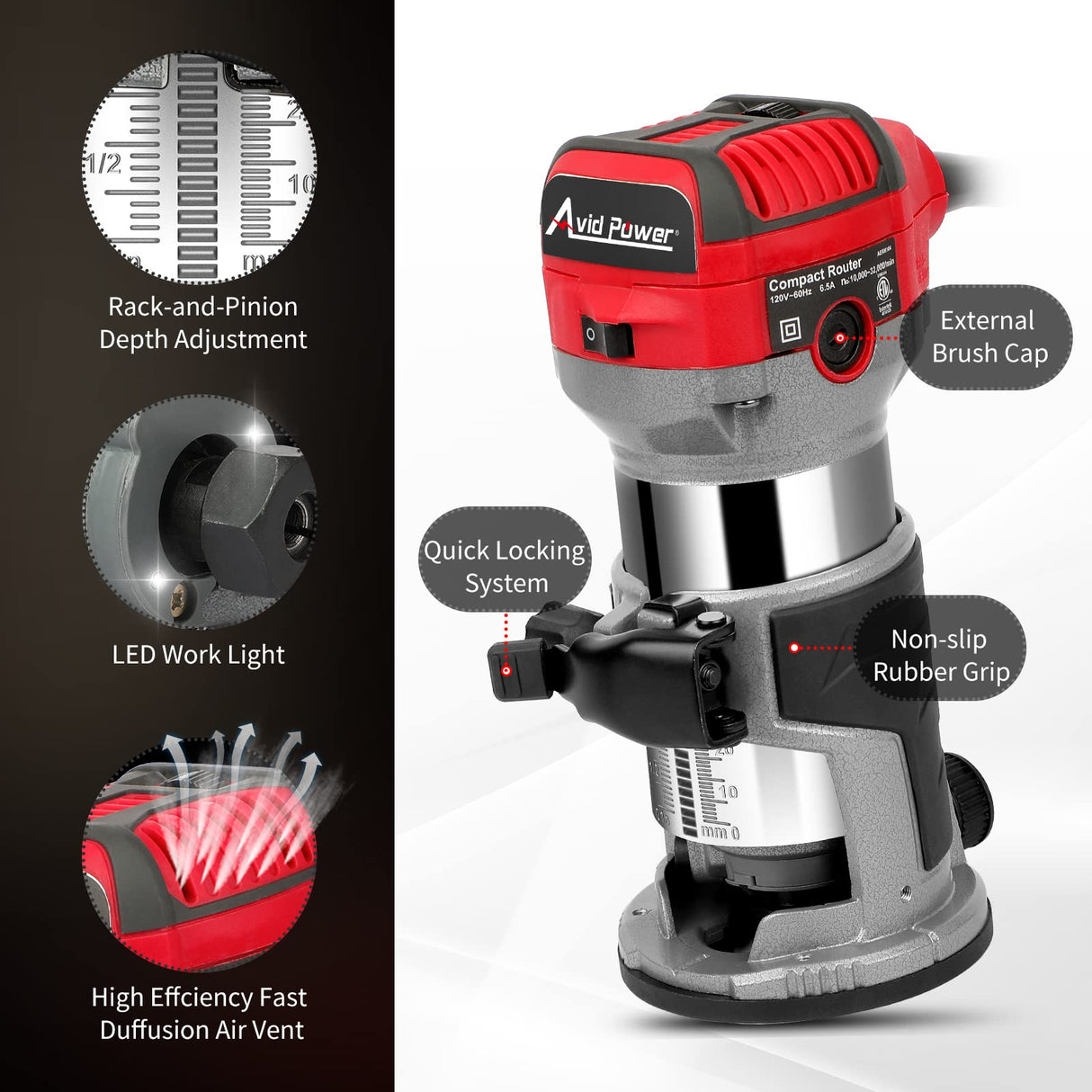 AVID POWER 6.5 Amp 1.25 HP Compact Router Tools for Woodworking, Fixed Base Wood Router with Trim Router Bits, 6 Variable Speeds, Edge Guide, Roller AVID POWER