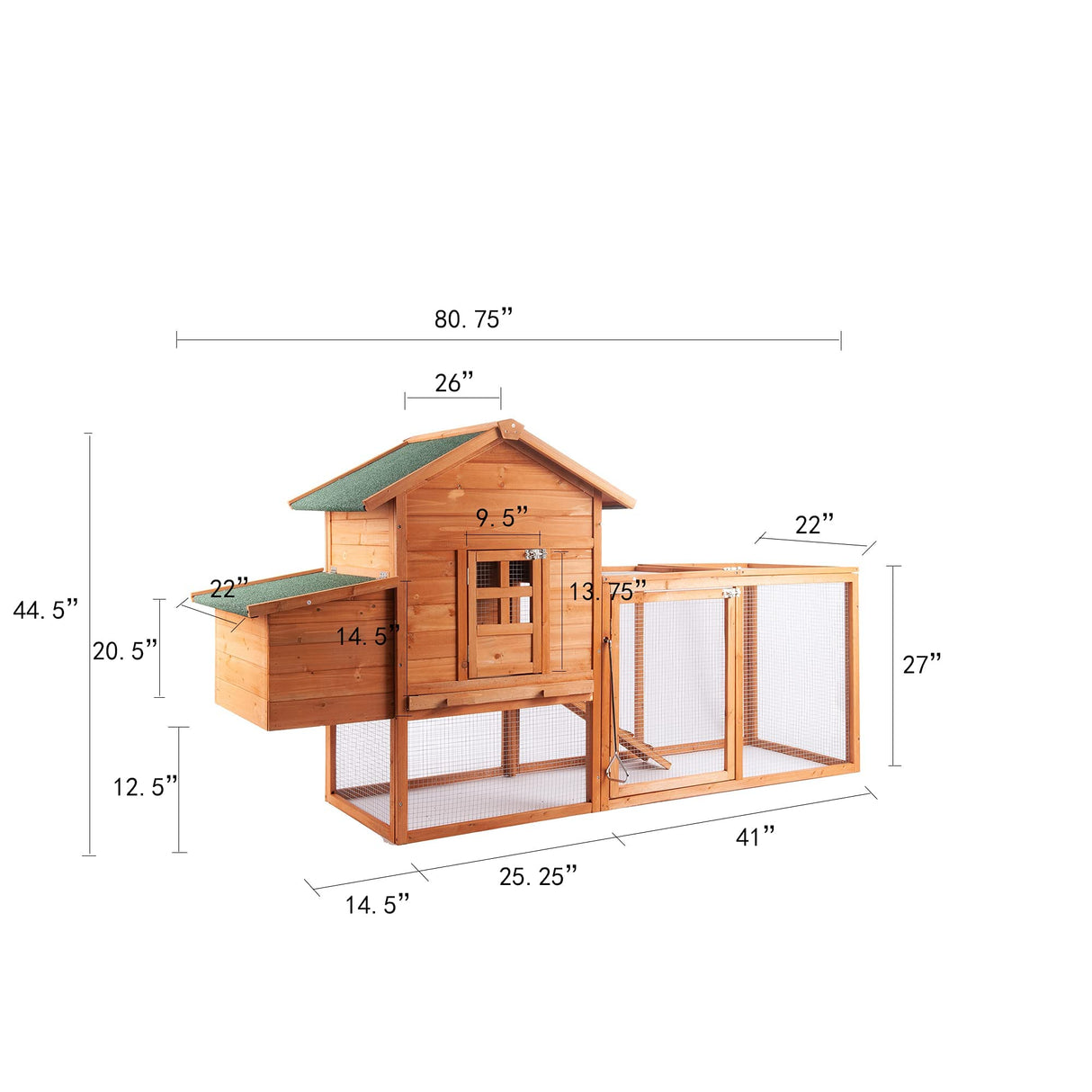 Chicken Coop Outdoor Wooden Rabbit Hutch Poultry House with Chicken Run Cage, Egg Box & Waterproof Roof (80") ECOLINEAR