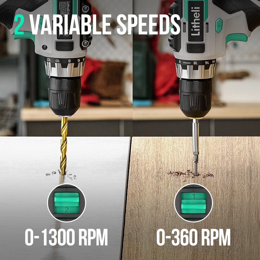 Litheli Cordless Drill Set, 20V Max Power Drill Cordless Set, 3/8” Keyless Chuck, 18+1 Torque Settings, Variable Speed, w/ 2.0 Ah Battery and 1 Hour LiTHELi