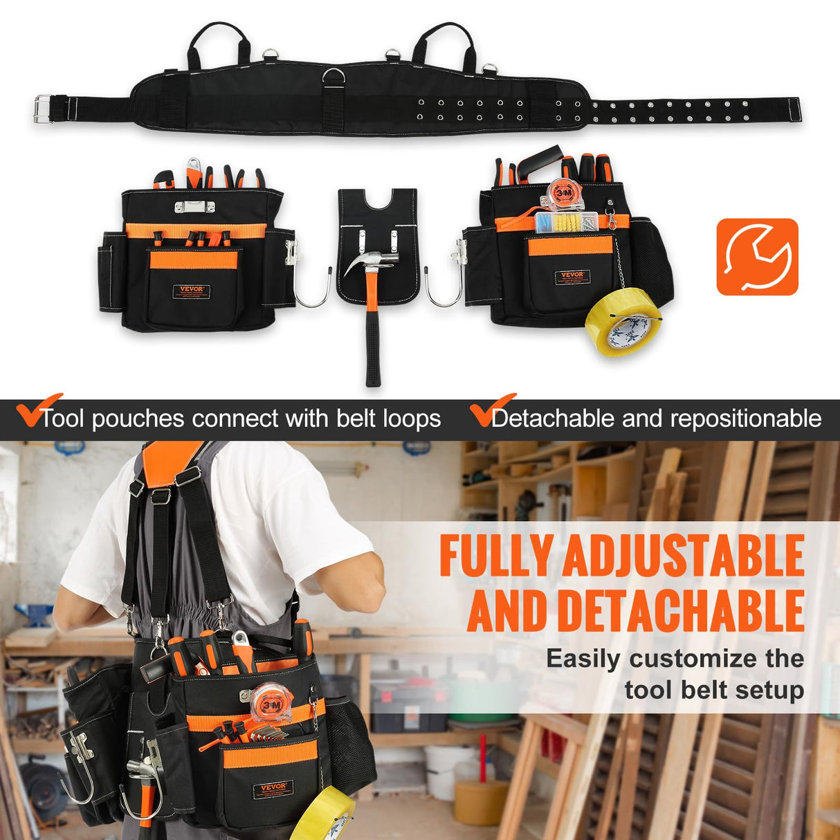 VEVOR Tool Belt with Suspenders, 29 Pockets, 29-54 inches Adjustable Waist Size, Tool Belts for Men, 600D Polyester Heavy Duty Carpenter Tool Pouch VEVOR