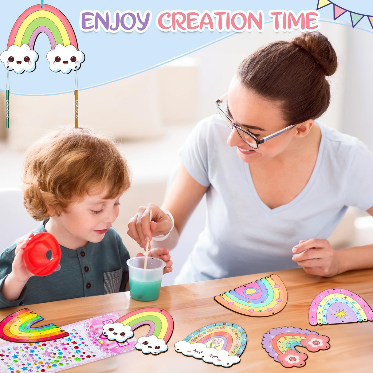 12 Pack Wind Chime Crafts for Kids, Make Your Own Boho Rainbow Wind Chime Kit DIY Coloring Wooden Craft Unfinished Rainbow Wood Ornaments for Girls TREACLUB