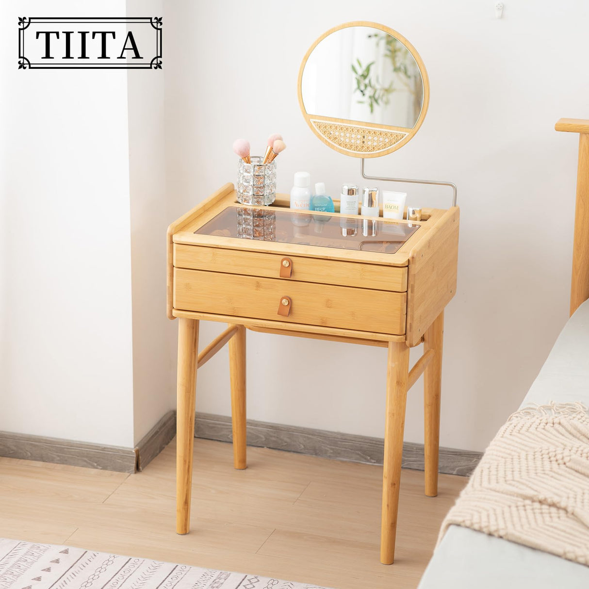 Tiita Vanity Desk, Makeup Vanity Table with Mirror, Dressing Table with 2 Drawers,Modern Wood Bedroom Vanity Vintage Dressing Table for Women Girls Tiita