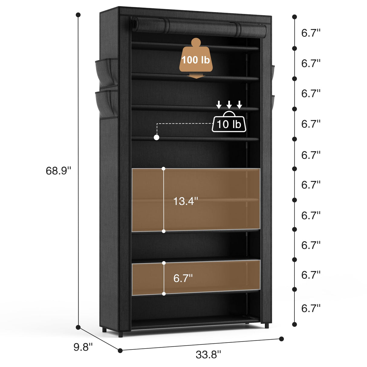 ROJASOP 10 Tier Shoe Rack with Covers,Large Capacity Stackable Tall Shoe Shelf Storage to 50-55 Pairs Shoes and Boots Sturdy Metal Free Standing ROJASOP