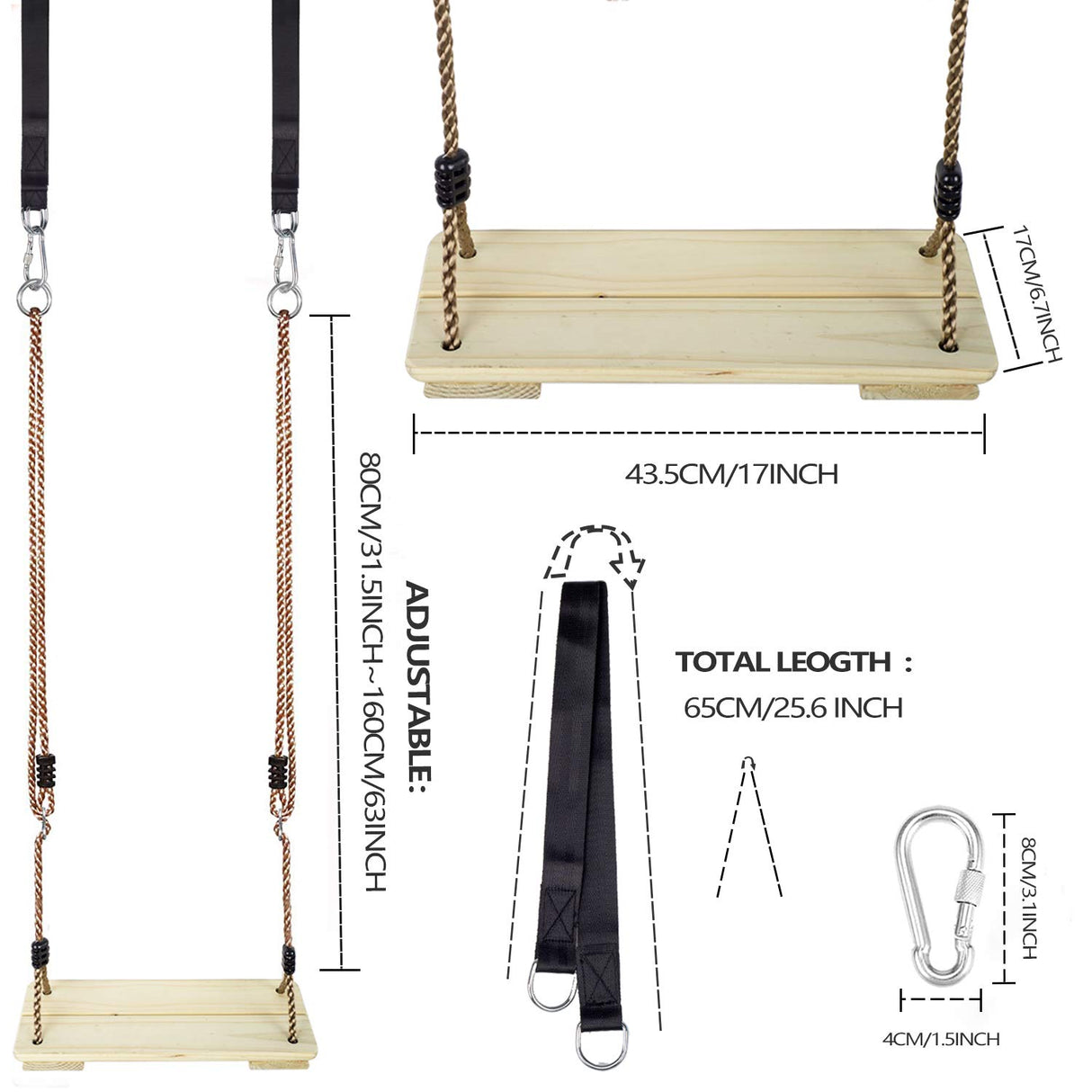 NOSTIFY Wooden Swing Seat, Nostalgic Outdoor Wood Swing for Kids, Tree Swing for Adults, Connecting Straps Swing Set Accessories for Backyard Patio NOSTIFY