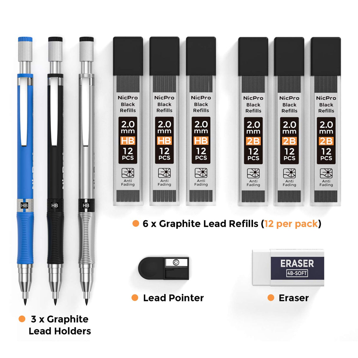 Nicpro 11 Pieces 2mm Mechanical Pencil Set, 3 PCS Carpenter Drafting Pencil 2.0 mm for Art Drawing Writing Sketching Construction with 6 Tube Nicpro