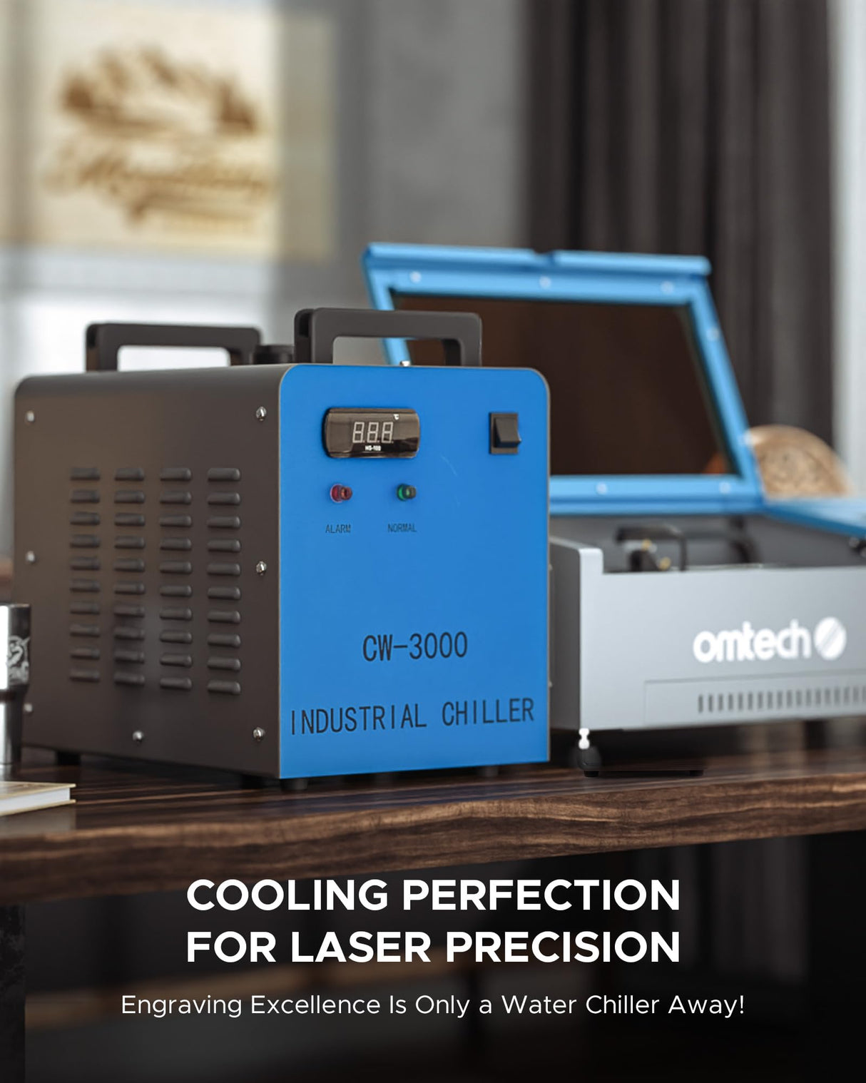 OMTECH 9L Industrial Water Chiller 2.6gpm CW-3000 Water Cooler for 40W K40 CO2 Laser Engraving & Cutting Machines, Water Cooling System Radiates 50W OMTech