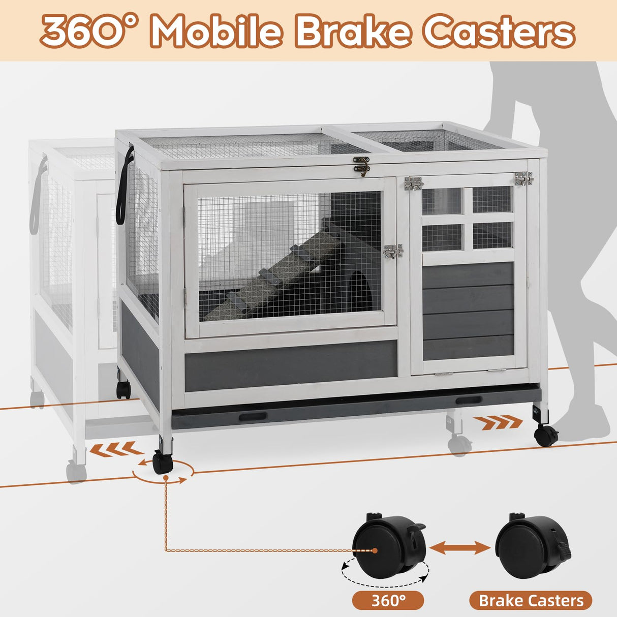 AniwuPaws Rabbit Hutch Indoor with Urine Guards/Netting Floor, Rabbit Cage on Wheels/Chew Proof/Tray, Guinea Pig Cages with Doors, Wooden Bunny House AniwuPaws