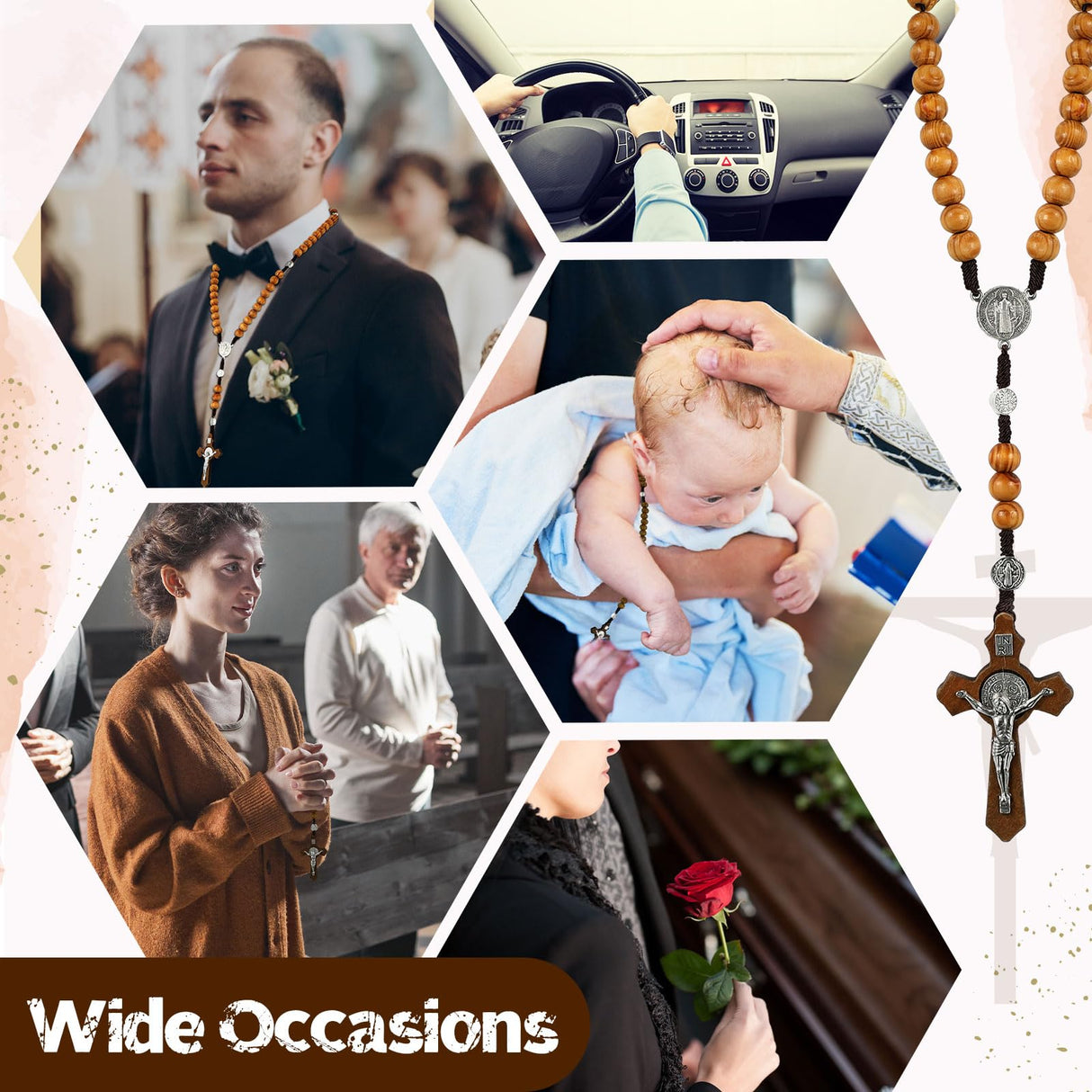 Equsion 24 Set Wooden Bead Rosary Necklace Catholic Rosary Wood Carved Beads with Jesus Cross Our Father Solid Wooden Rosary Beads with Organza Bag Equsion