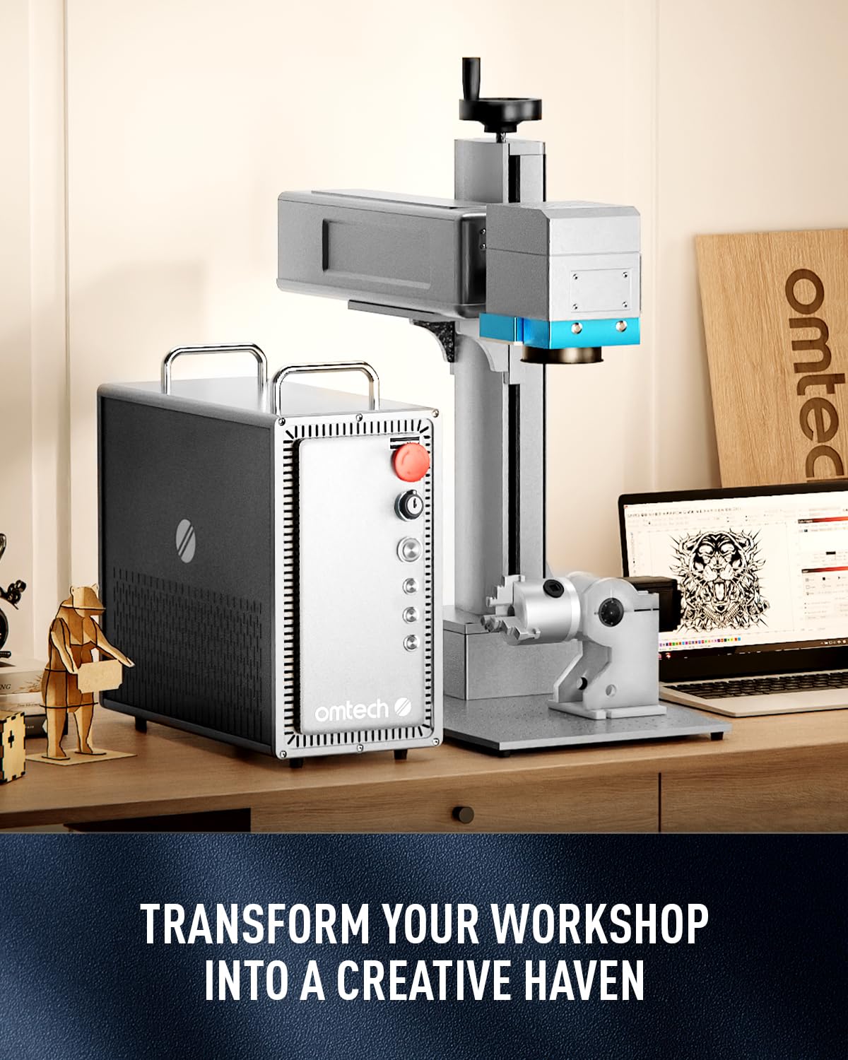 OMTech 50W Fiber Laser Engraver with Rotary Axis, LightBurn Compatible Laser Engraving Machine with Red Dot Pointer, 7.9x7.9 Solid State Laser OMTech