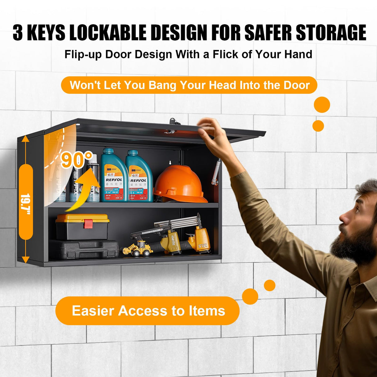 MetalMax Metal Wall Storage Cabinet with Flip-Up Door Adjustable Shelf Metal Cabinet Hanging Garage Upper Cabinets Floating Lockable Steel Garage MetalMax