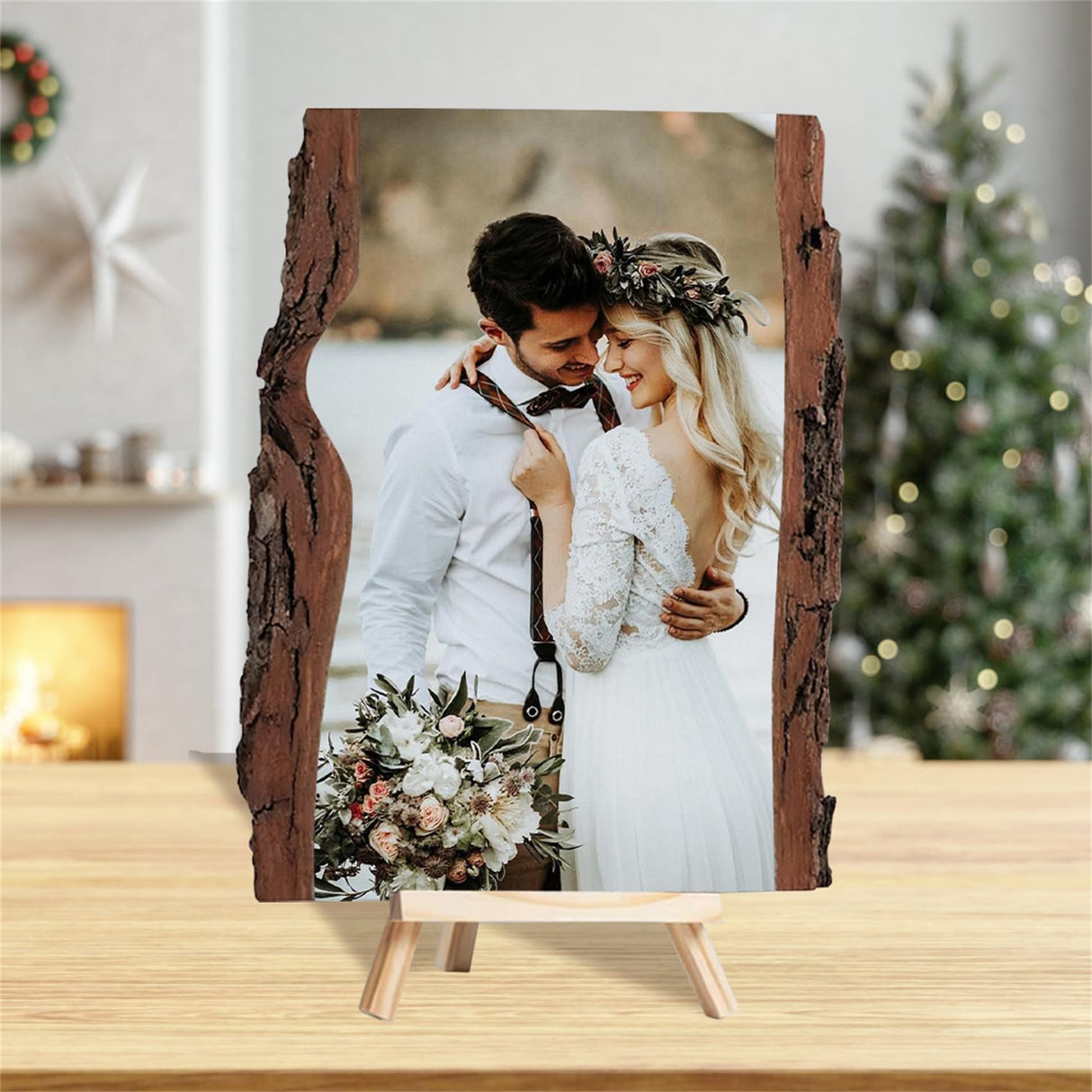 Personalized Photo Wood Slice Custom Engraved Picture Frame Album Wooden Crafts with Bracket Photo Printing on Wood Slices for Christmas Valentine's Wasetell