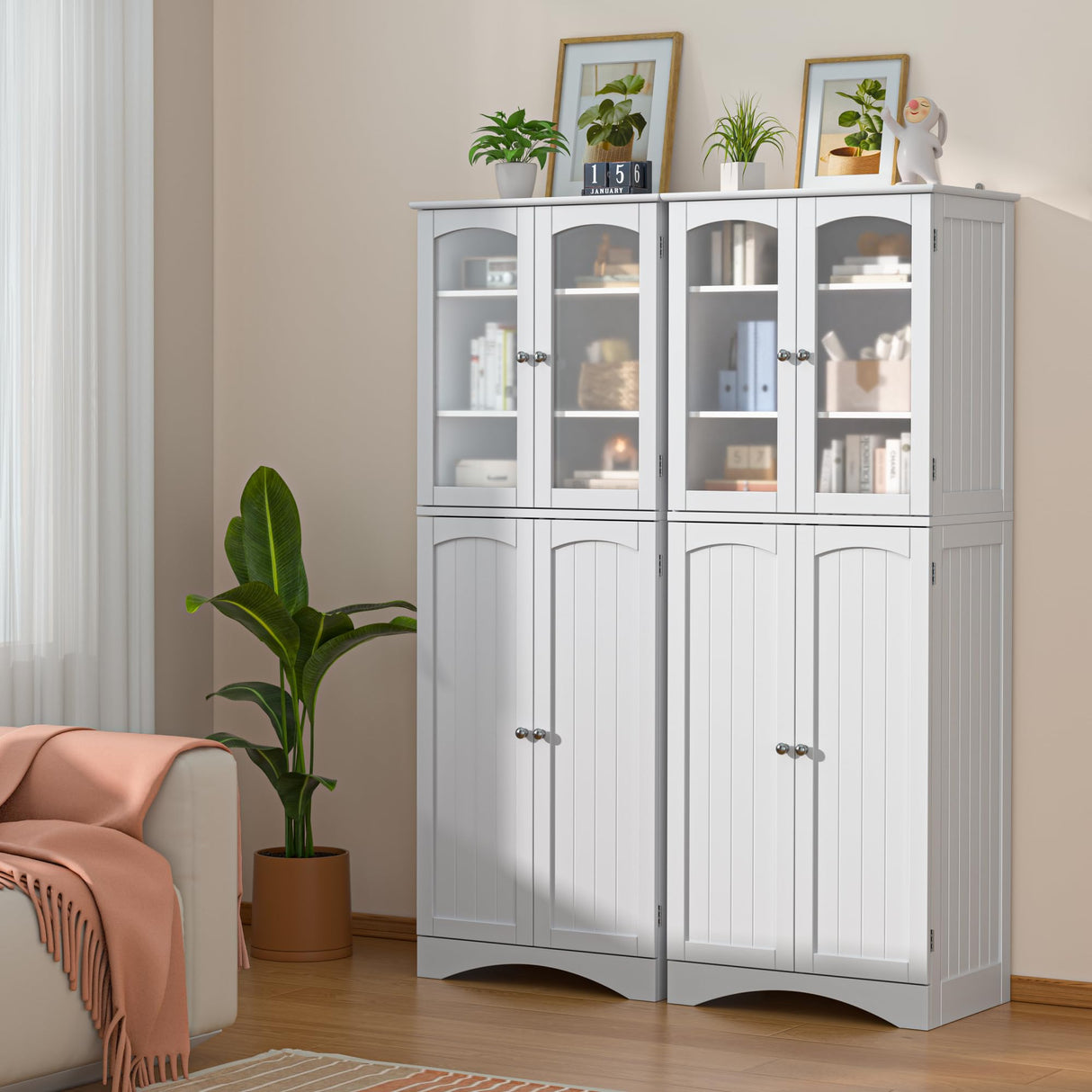 Gizoon 64" Kitchen Pantry Cabinet, Tall Storage Cabinet with Glass Doors and Adjustable Shelves, Freestanding Floor Cabinet Cupboard for Kitchen, Gizoon