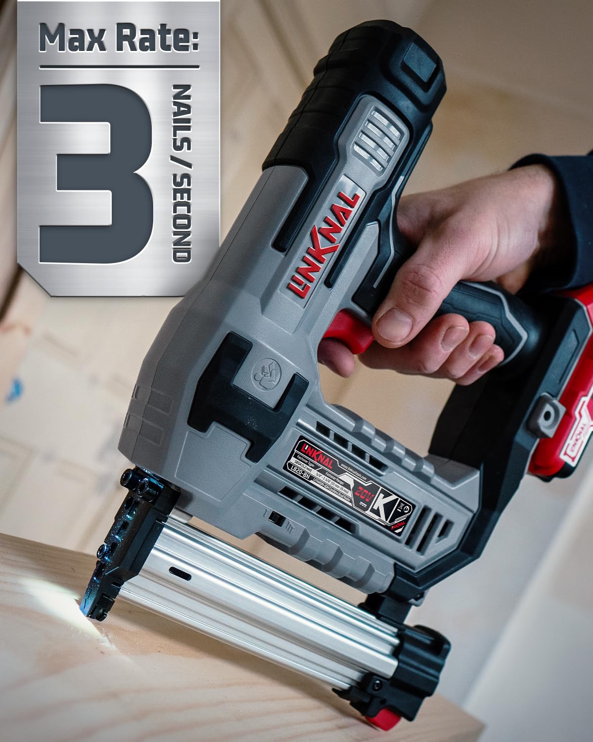 Electric Nail Gun, LINKNAL Cordless Brad Nailer Battery Powered,18 Gauge, 2×20V MAX Li-ion Batteries, Charger and 1000 Nails Included (L820-BN) LINKNAL