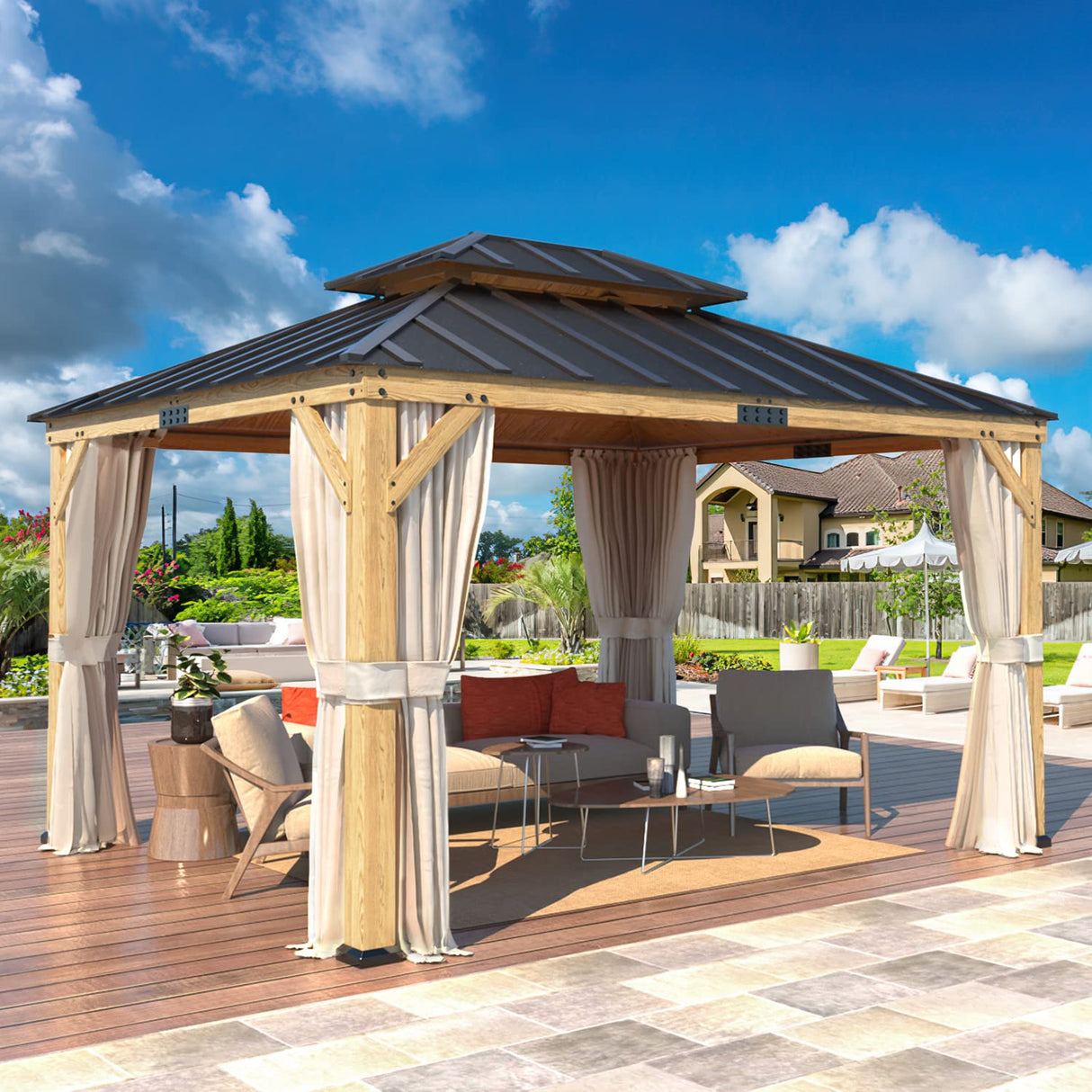 YOLENY 11' x 13' Solid Spruce Wood Gazebo, Hardtop Gazebo with Coated Wood Frame, Waterproof Asphalt Double Roof, Nettings and Curtains for Lawns, YOLENY