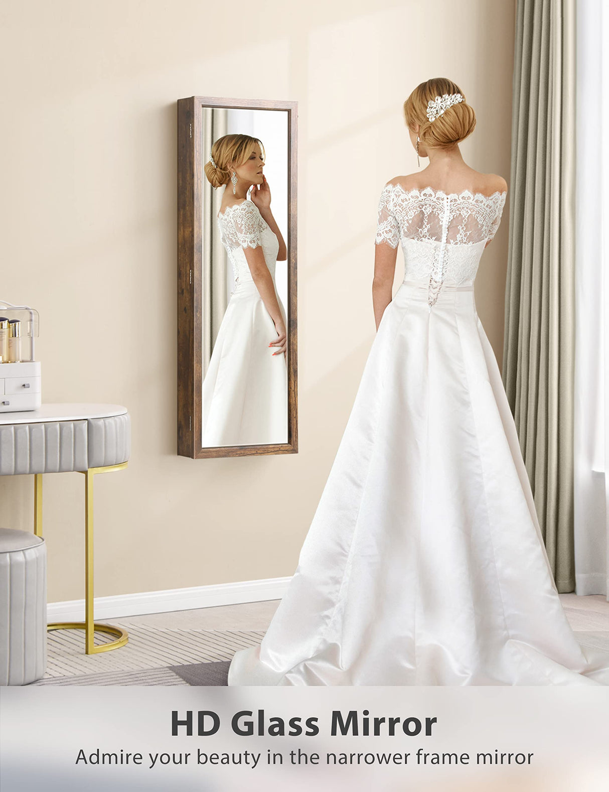 Nicetree 6 LEDs Mirror Jewelry Cabinet with 3 Improvements, 4.2" D Door/Wall Mounted Jewelry Armoire with Full Length Mirror, Larger Capacity, Nicetree