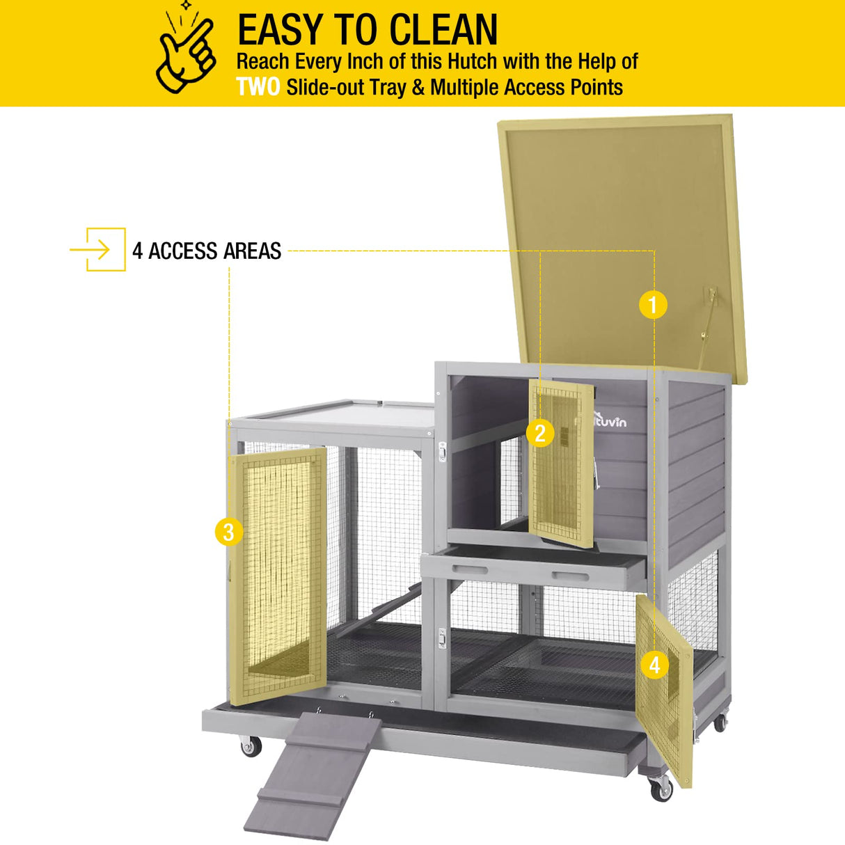 Aivituvin Wooden Bunny Hutch Indoor- Outdoor Rabbit Guinea Pig Cage for Small Animals with Exclusive Two Trays & Bottom Wire Mesh (Grey) Aivituvin