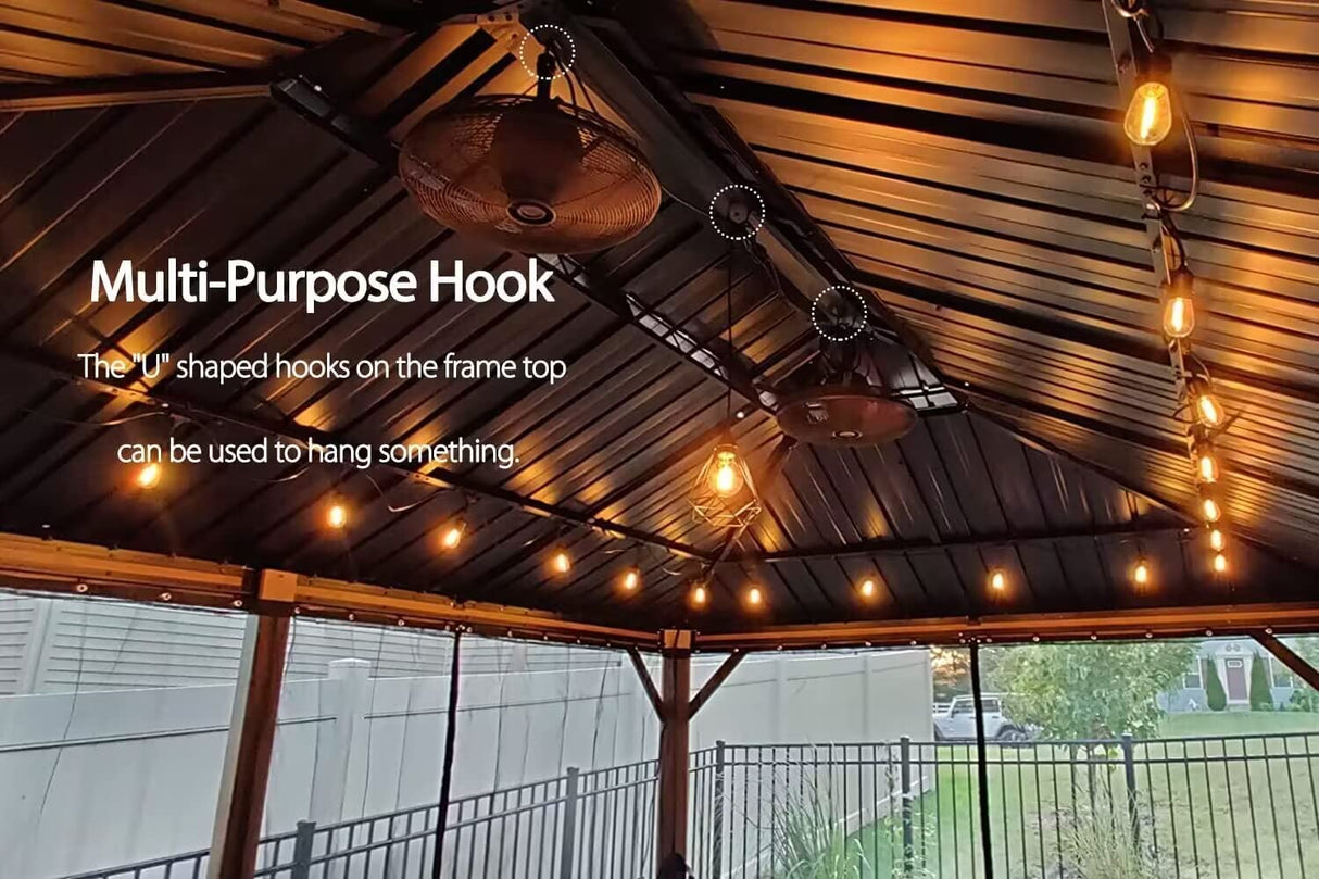 PURPLE LEAF 12' X 20' Outdoor Hardtop Gazebo for Patio Galvanized Steel Double Roof Permanent Canopy Teak Finish Coated Aluminum Frame Pavilion PURPLE LEAF