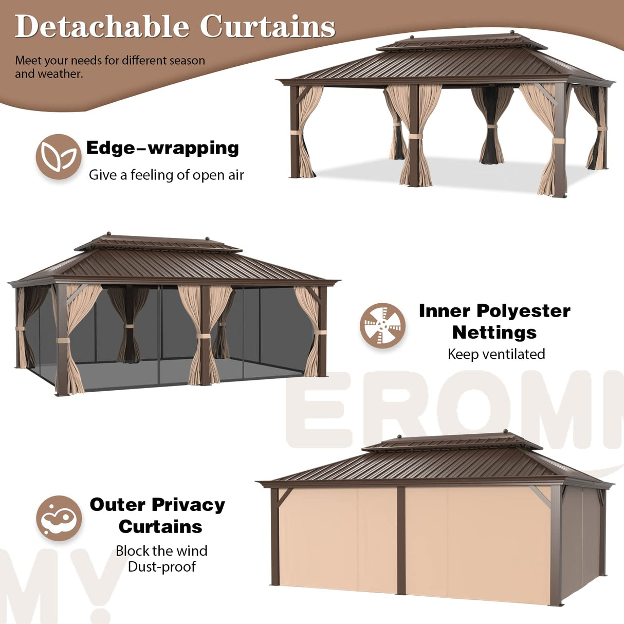 EROMMY 12'x 20' Gazebo Galvanized Steel Outdoor Hardtop Canopy Double Vented Roof Pergolas Aluminum Frame with Netting and Curtains for EROMMY