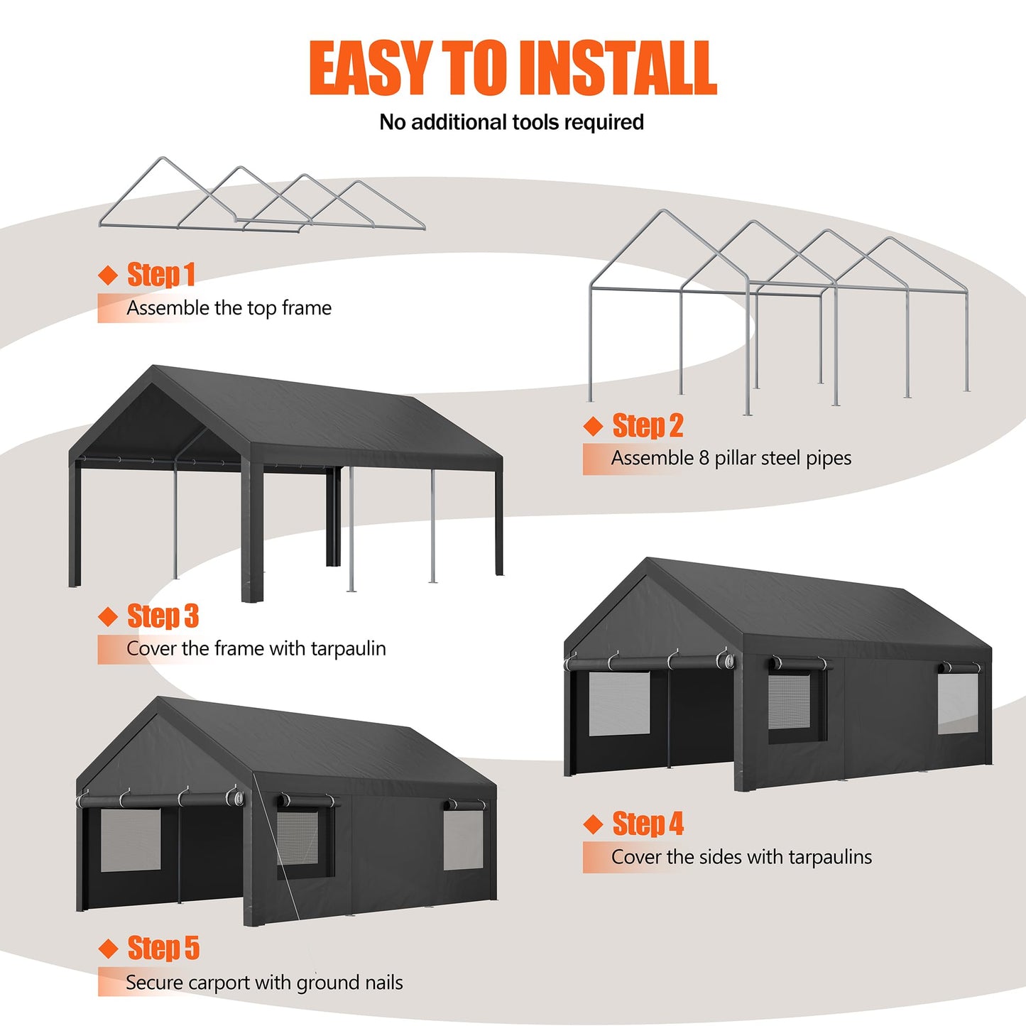 JAMFLY Carport, 12x20 Heavy Duty Carport Canopy with Roll-up Windows, Portable Garage with Removable Sidewalls & Doors, Car Canopy with All-Season