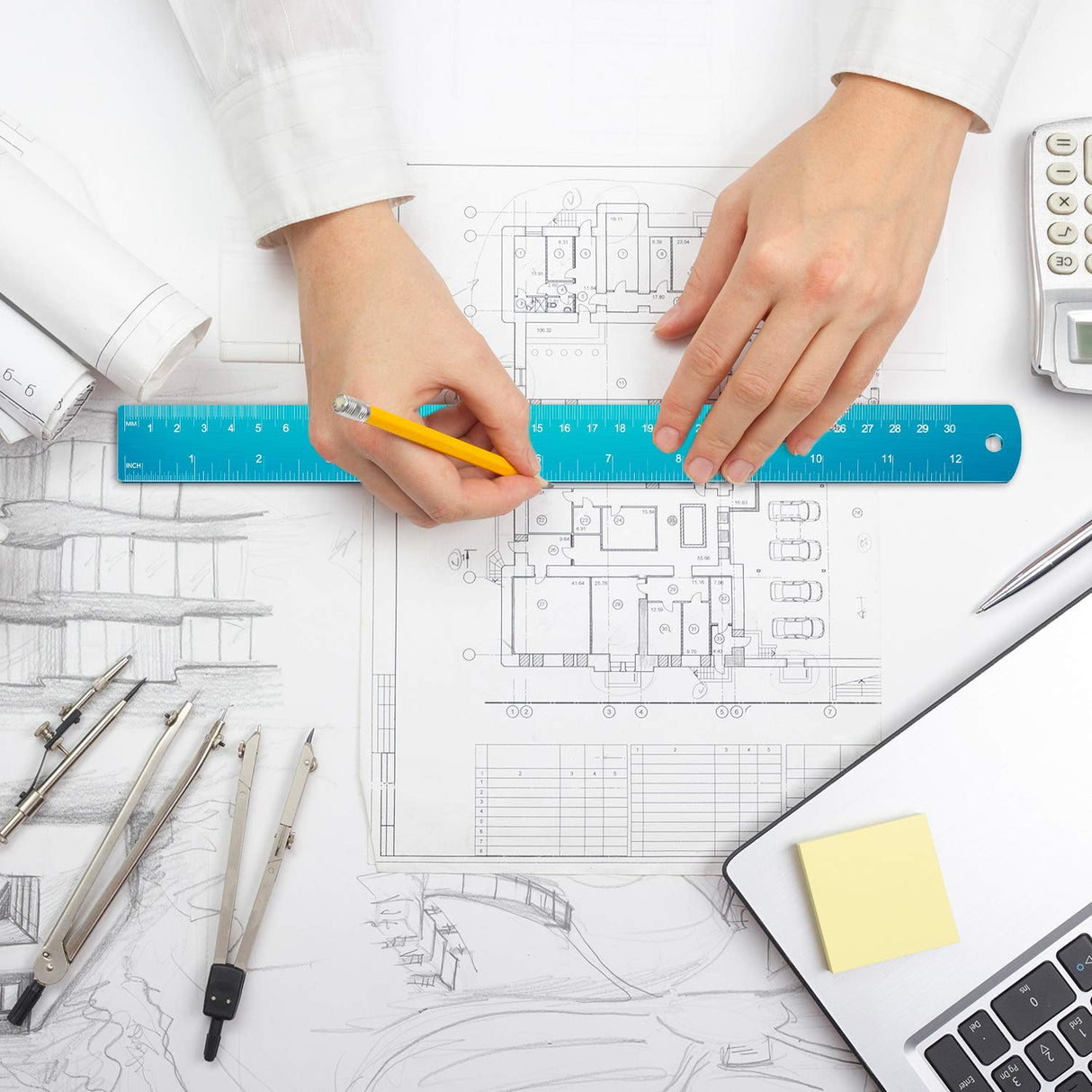 Stainless Steel Ruler and Metal Rule Kit with Conversion Table (Blue, 12 Inch, 6 Inch) EBOOT