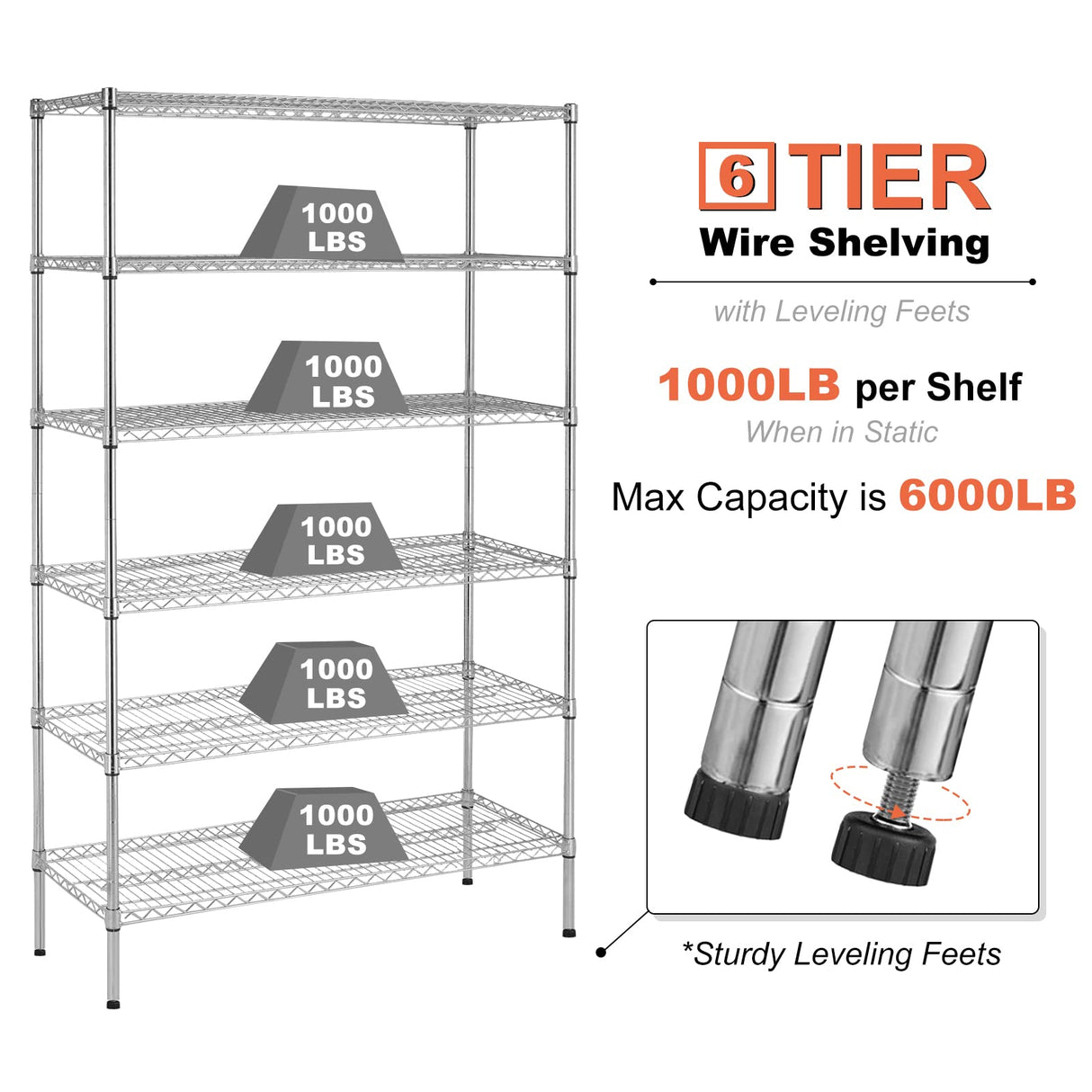 YYkokocat Heavy Duty 6 Tier Shelving Unit Adjustable 6000Lbs Capacity Steel Storage Rack 18" x 48 x 76 Mobile Shelves Wire Shelf Silver Rolling YYkokocat