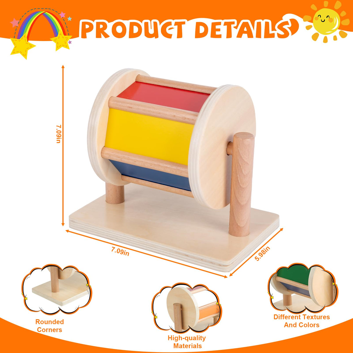 Montessori Baby Toys Play Kit Montessori Mirror Peekaboo Knob Puzzle, Medium Spinning Drum and Rainbow Fabric Ball Kit Toys for 6-12Months Toddlers Adena Montessori