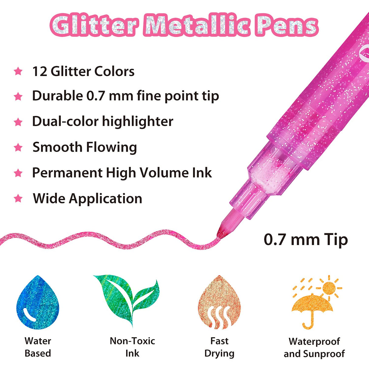 Ohuhu Glitter Markers Pen 12 Glitter Colors Metallic Shimmer Marker Fine Point Tip Water-based Ink for Kids Adults DIY Crafts Greeting Birthday Cards Ohuhu