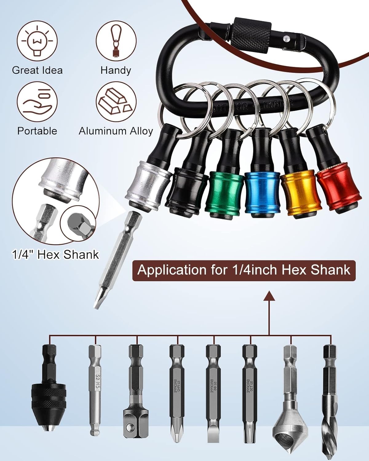 Push to Unlock,Katerk 6pcs 1/4 inch Hex Shank Aluminum Alloy Screwdriver Bit Holder Light-Weight Quick-Change Extension Bar Keychain Drill Screw Katerk