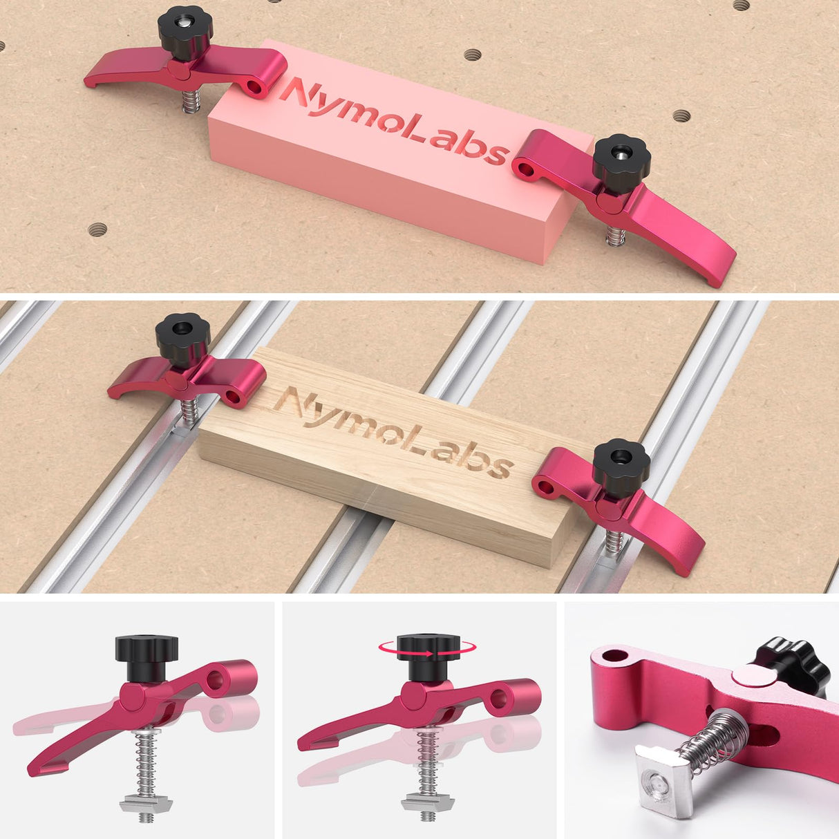 NymoLabs 2PCS T-Track Hold Down Clamp for CNC Router Metalworking Woodworking, MDF Spoilboard with 6mm(0.24'') Threaded Hole Aluminum Spoilboard for NYMOLABS