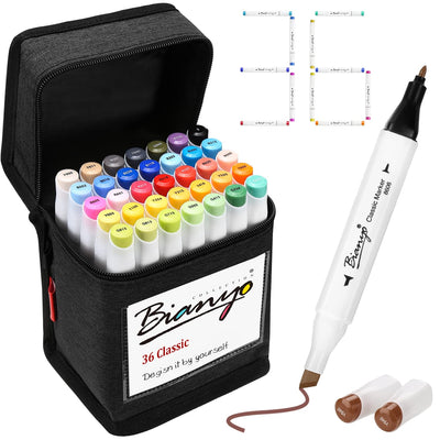 Bianyo 36 Colors Alcohol Markers Set, Alcohol-Based Dual Tip Art Markers Set with Black Travel Case with a Designable Card for Coloring, Sketching,