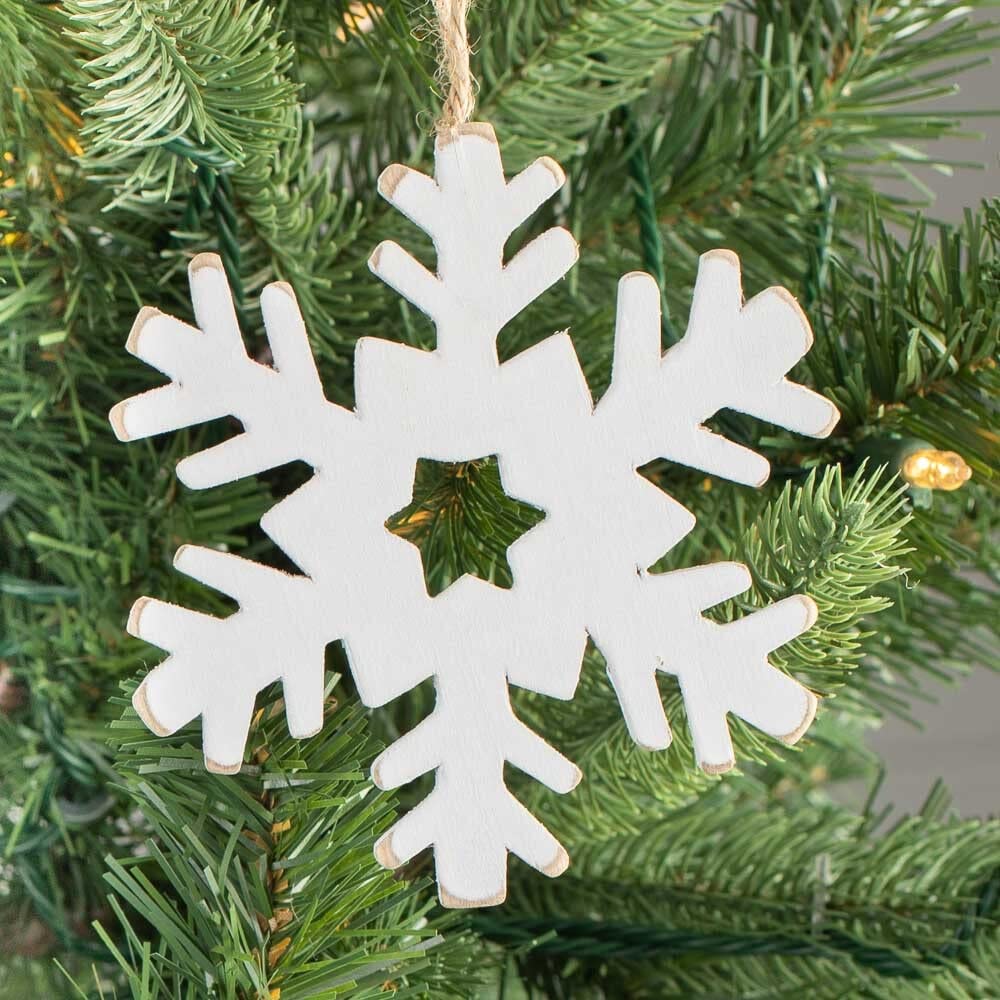 Rustic Wooden Snowflake Christmas Ornaments - 12 Old Fashion White Wood Snowflake Ornaments with Jute String Hangers for Christmas Tree Garland or Factory Direct Craft