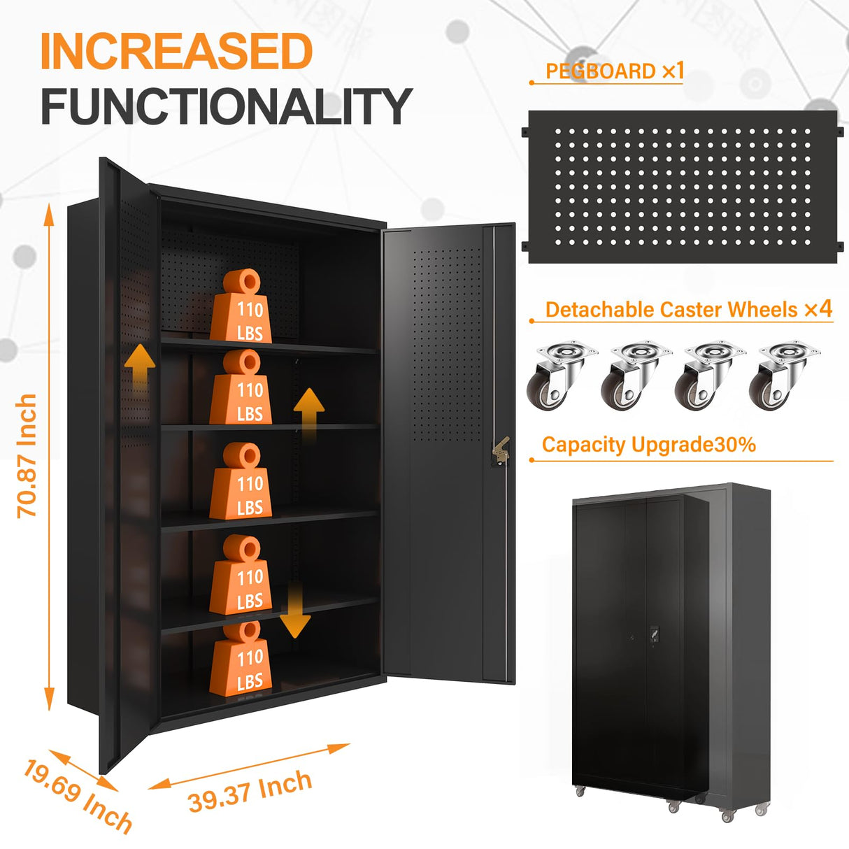 Fohufo Upgraded Wide Metal Storage Cabinet - 72 Inch Black Lockable Garage Cabinet with Wheels & 4 Adjustable Shelves | Heavy-Duty Steel Cabinet for Fohufo