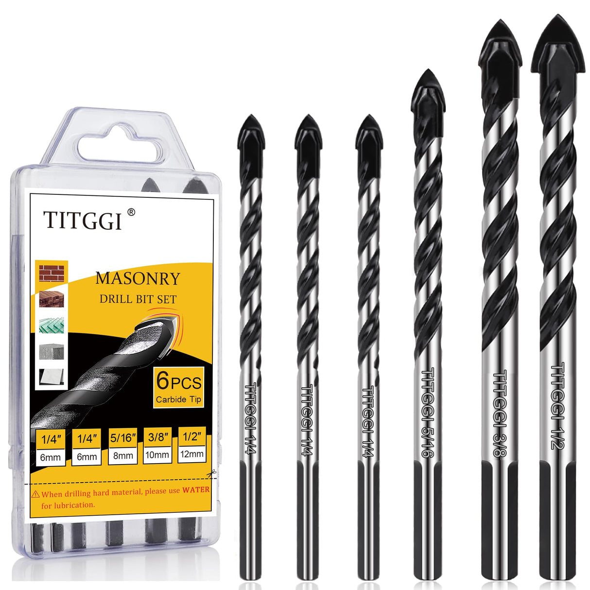 Concrete Drill Bit & Masonry Drill Bit Set, Professional Drill Bit Set (6PCS) for Glass/Brick/Plastic/Cement/Wood/Tile/Etc, Industrial Strength TITGGI
