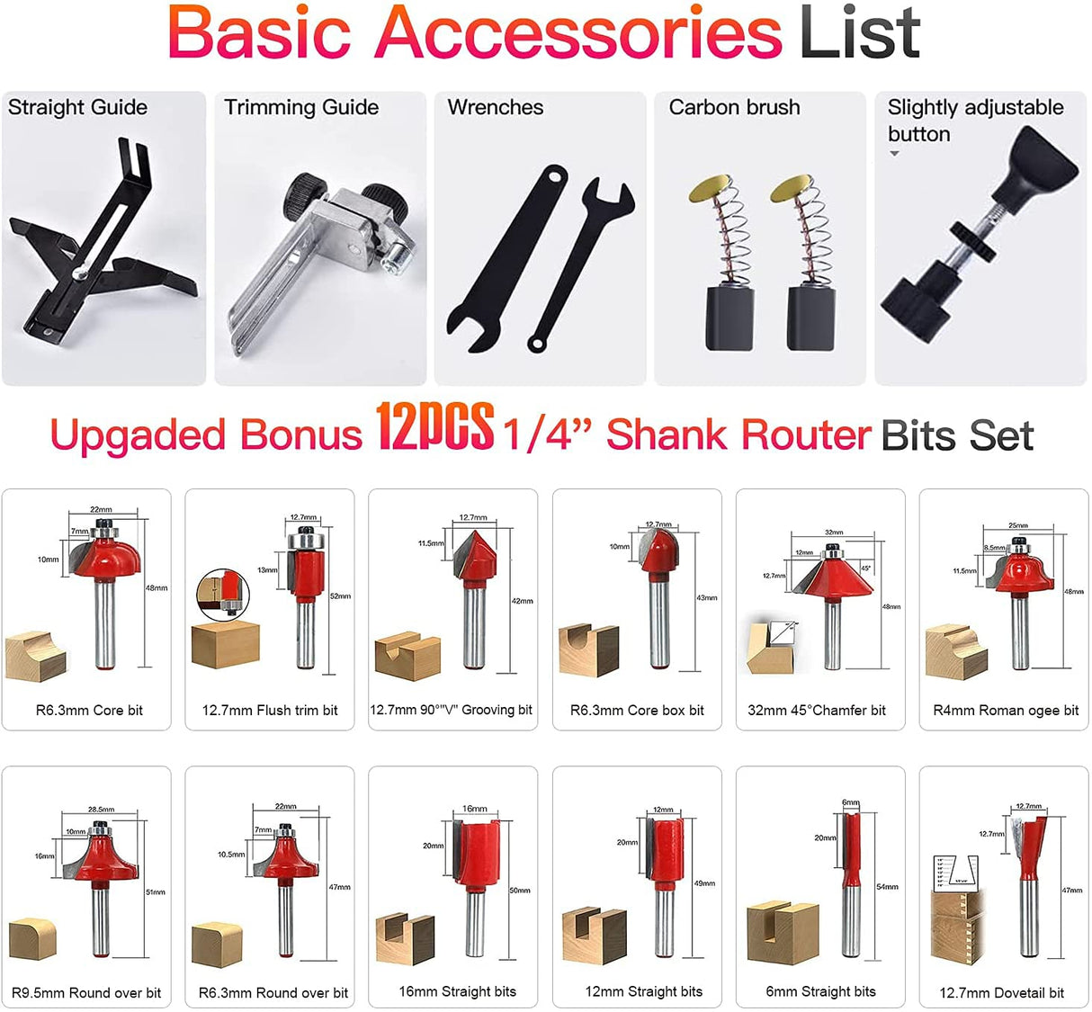 Compact Wood Palm Router Tool Hand Trimmer Woodworking Joiner Cutting Palmming Tool 30000R/MIN 650-800W 110V with 12PCS 1/4" Router Bits Raoendis