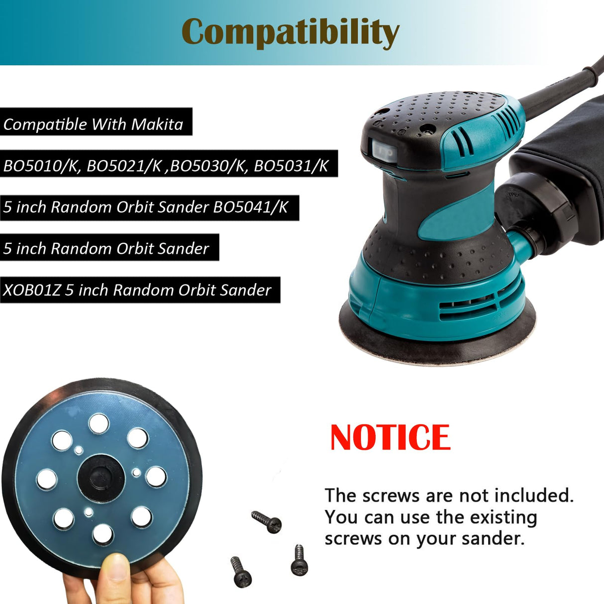 5 Inch 8 Hole Replacement Sander Pad for Makita BO5010 BO5030K BO5031K BO5041K XOB01Z Orbital Sander -5" Hook and Loop Sanding Pad for Wood and Tockrop