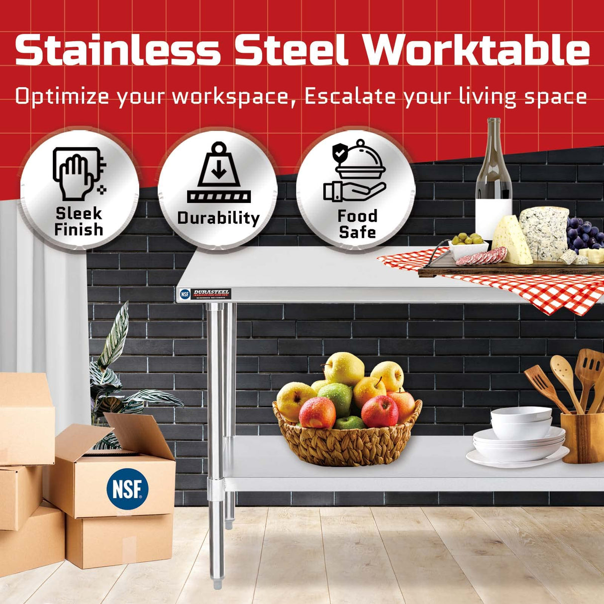 Food Prep Stainless Steel Table - DuraSteel 30 x 60 Inch Commercial Metal Workbench with Adjustable Under Shelf - NSF Certified - For Restaurant, DuraSteel