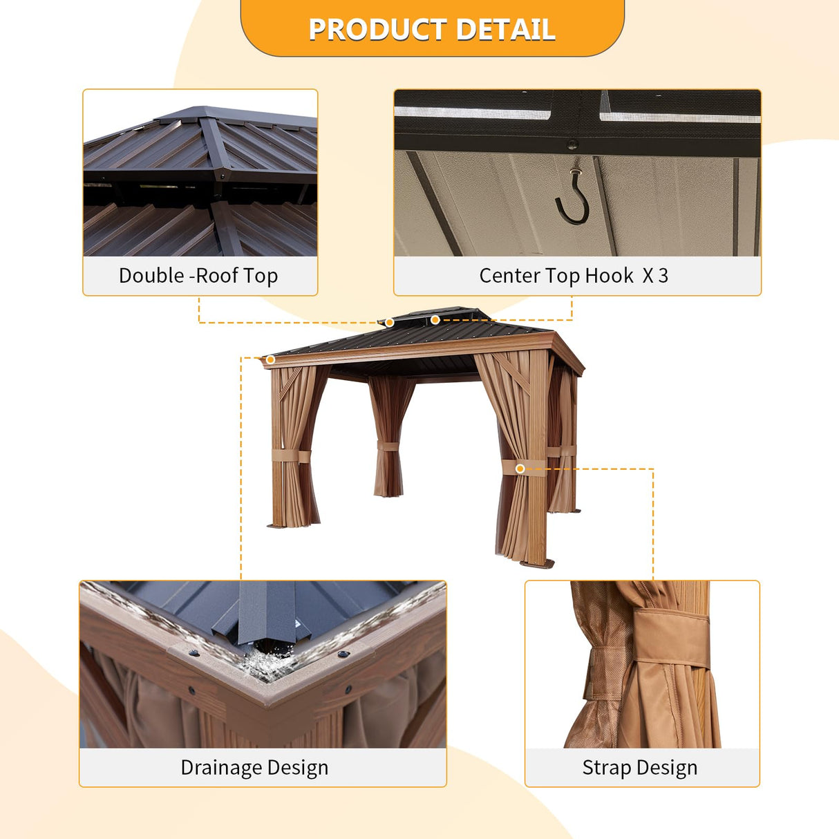 Jolydale 10' x 12' Gazebo, Permanent Wooden Finish Coated Aluminum Frame Canopy, Galvanized Steel Double Top, Outdoor Metal Pavilion with Privacy Jolydale