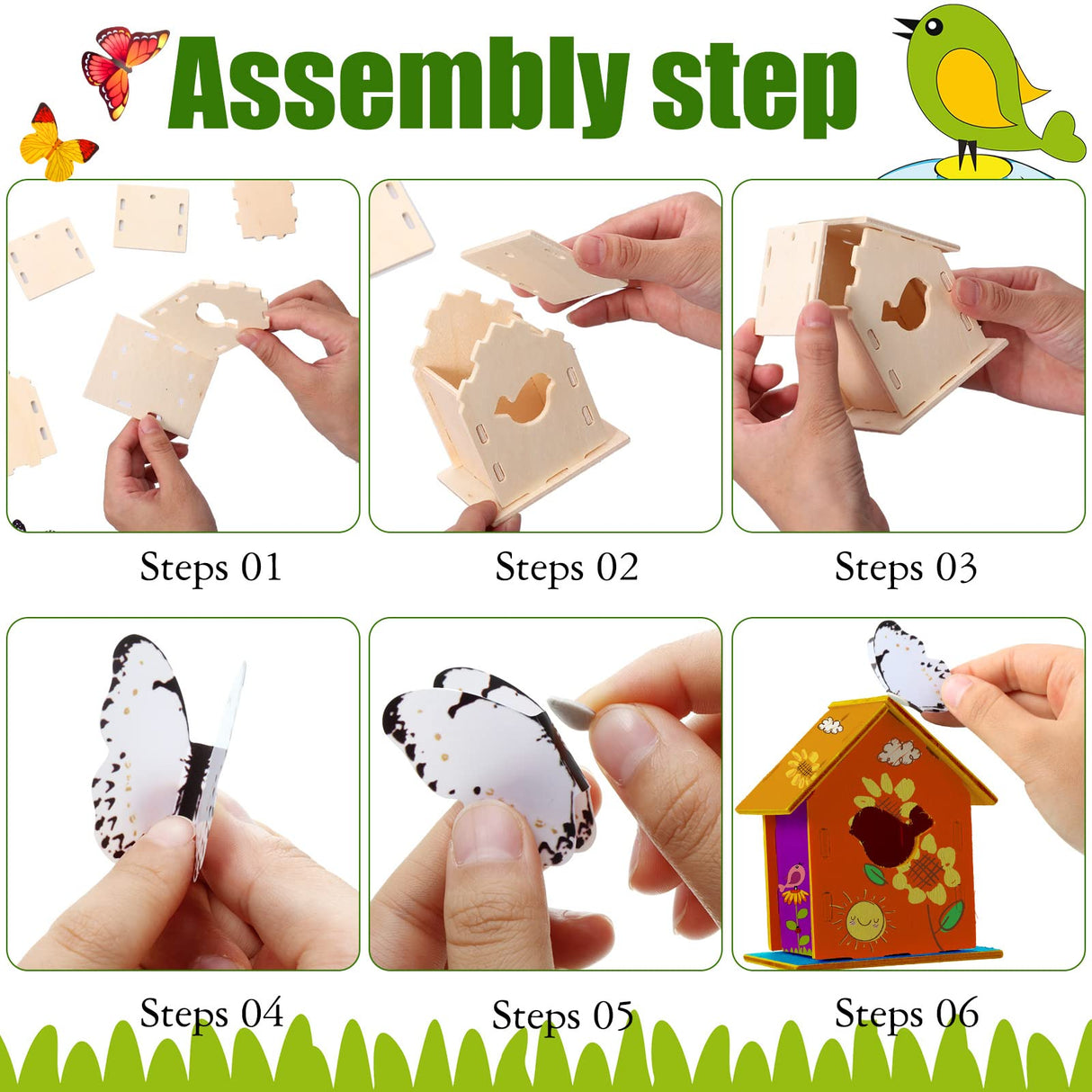 48 Wooden Bird House Kits for Children to Build, Wooden Birdhouse in 6 Shapes and 57 Stereoscopic Butterfly Sticker for Kids Party Art and Craft Kits Sawysine